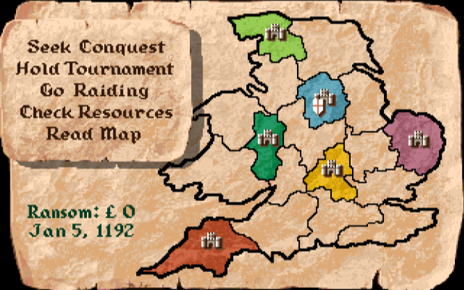 Carte de l'Angleterre avec régions colorées et châteaux. Options de menu à gauche.