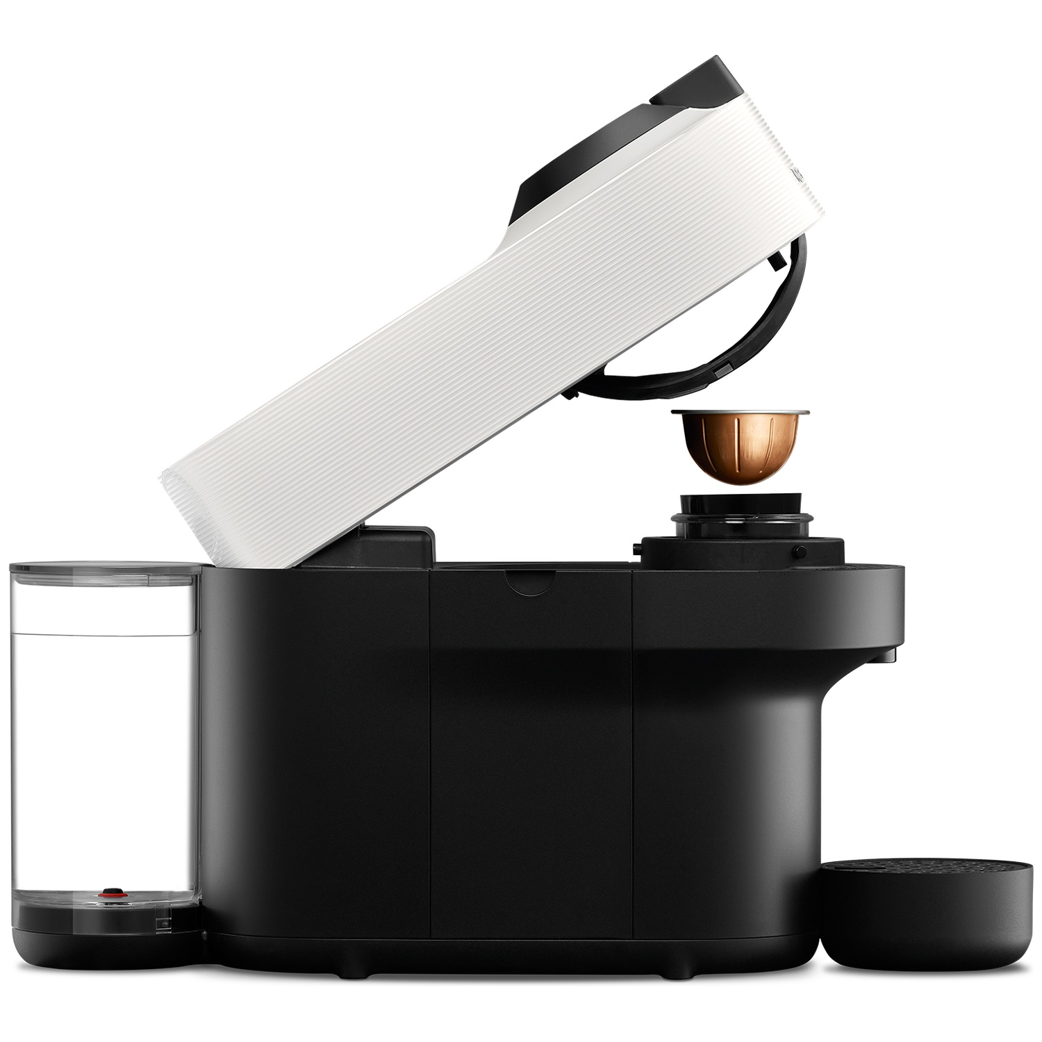 A black coffee machine with its lid open and a capsule holder.