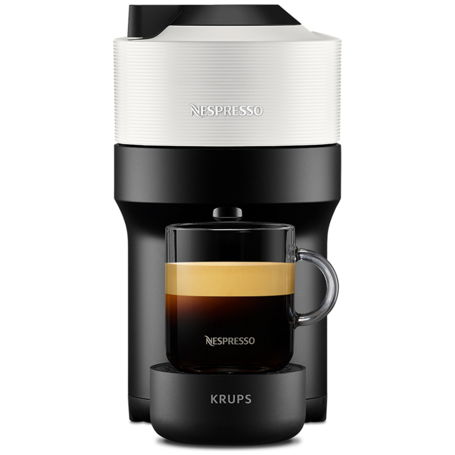 A Nespresso coffee machine with a glass cup of coffee on a black base.