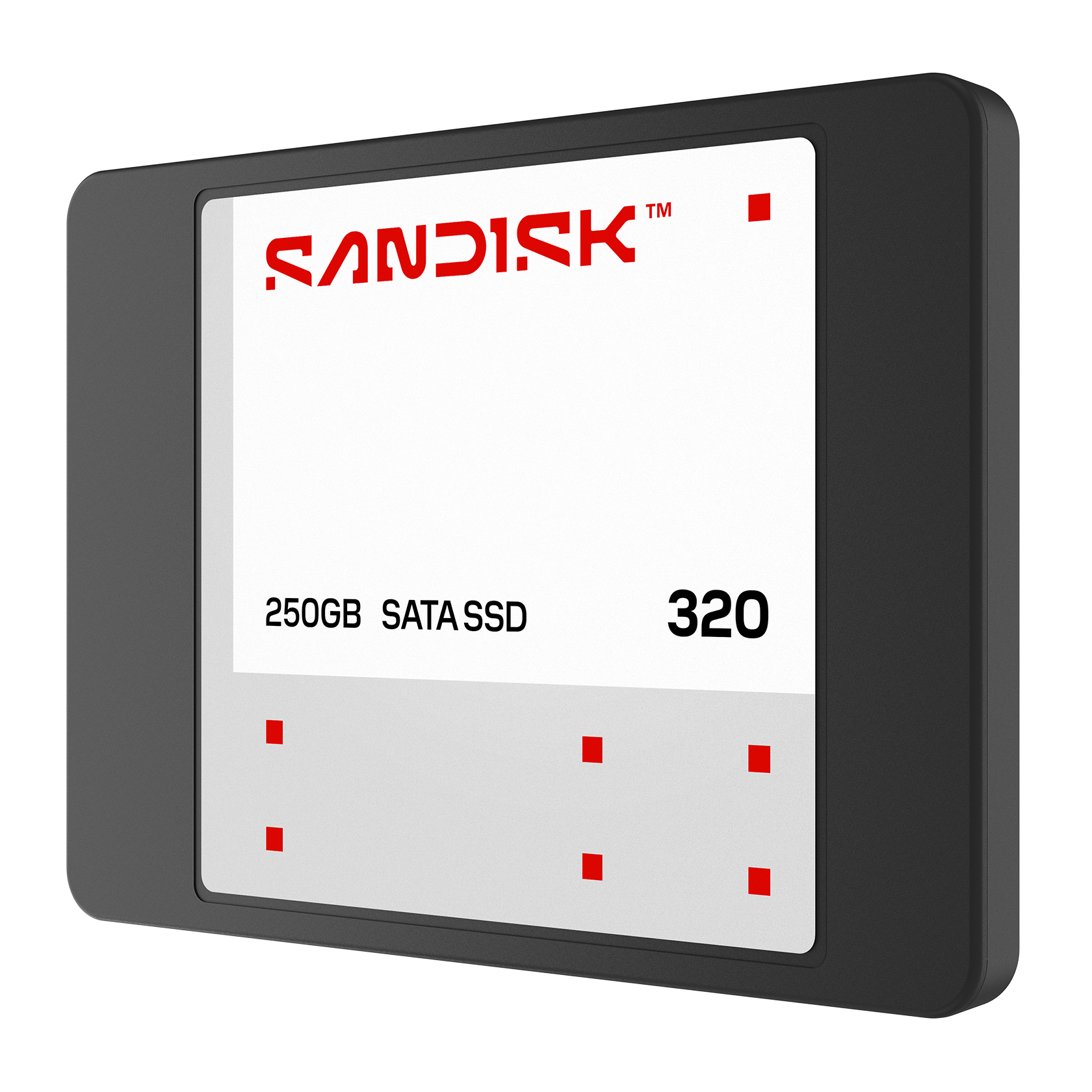 Ein schwarzes SanDisk SSD mit 250GB SATA und Modell 320.