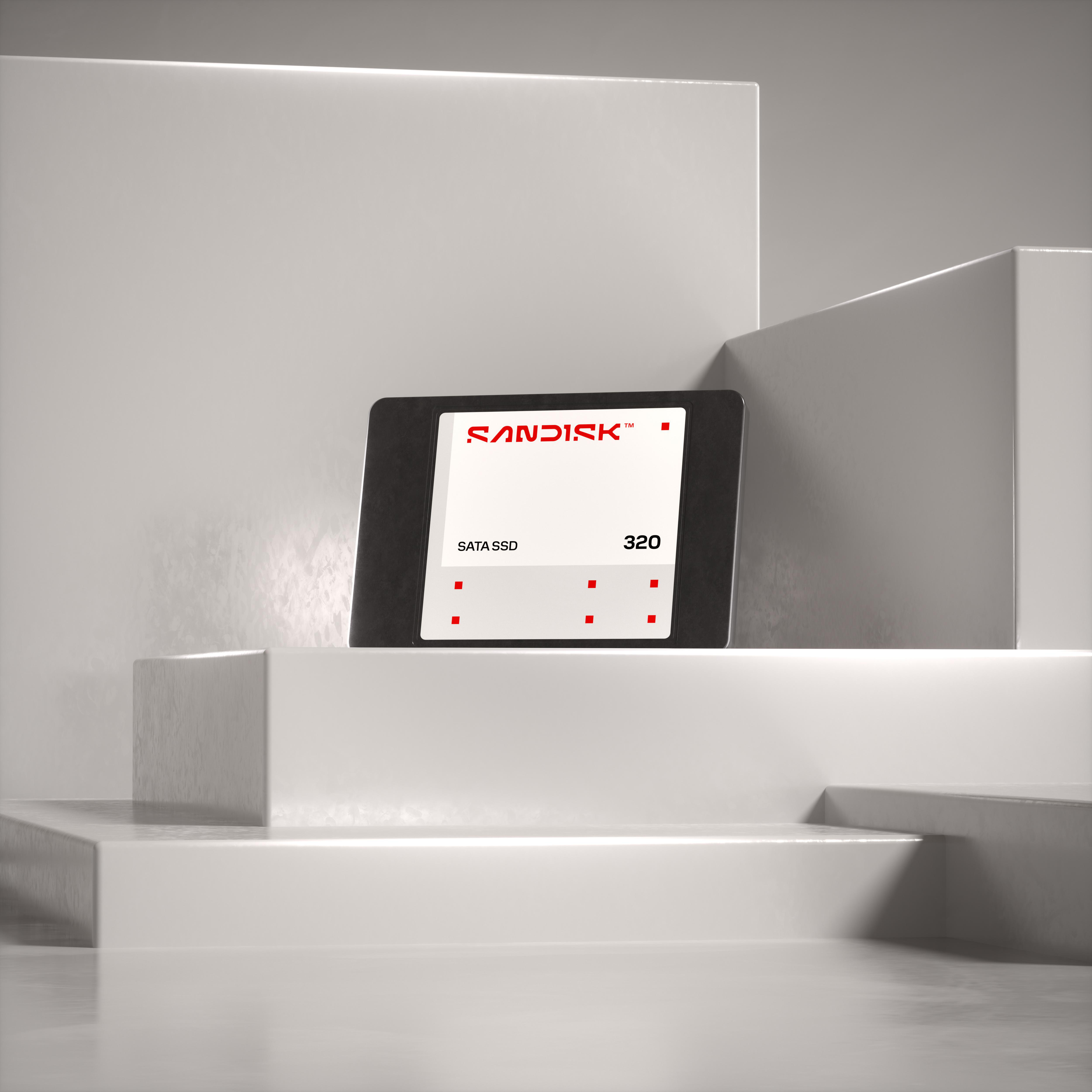 Ein Sandisk SATA SSD 320 wird auf einer weißen Bühne präsentiert.
