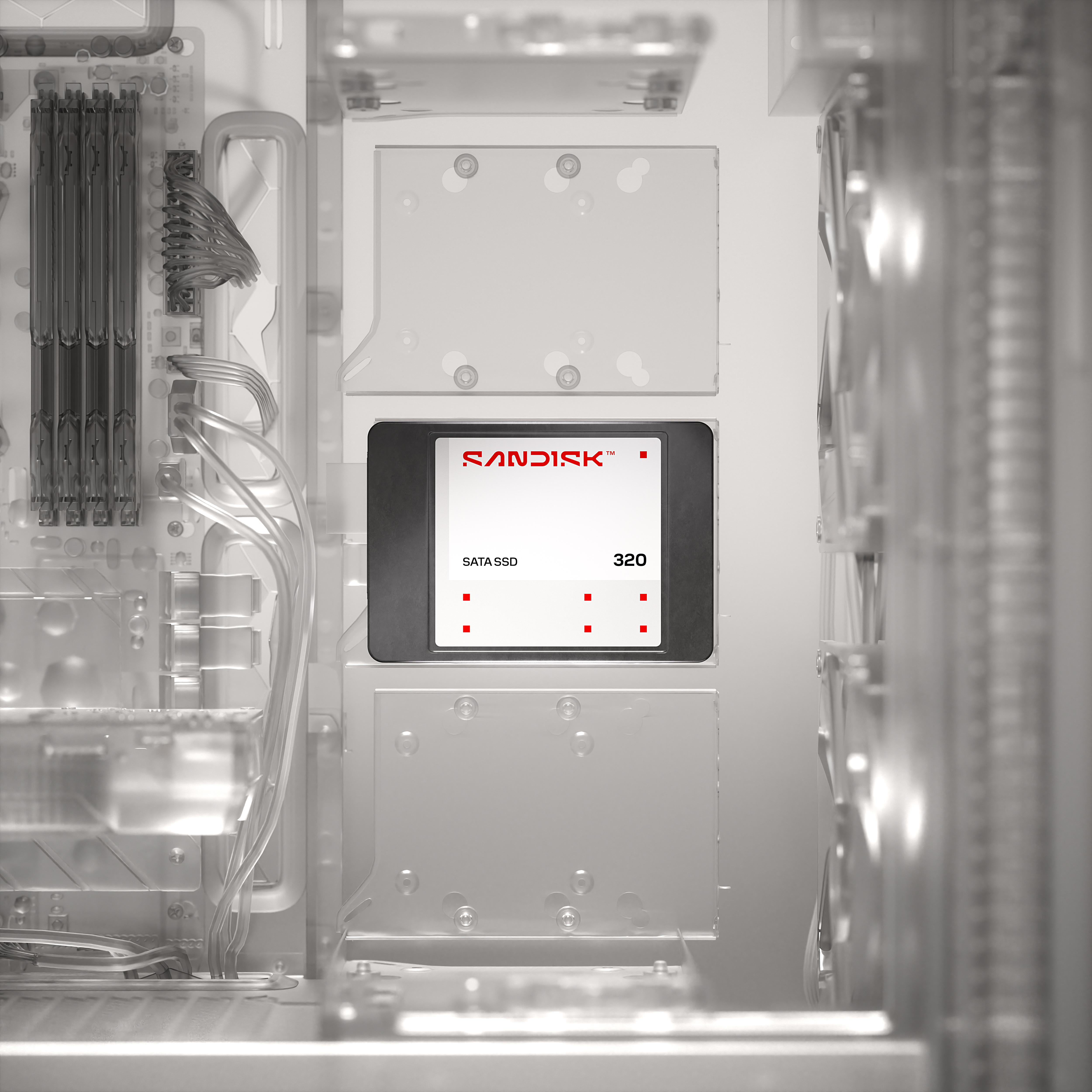 Sandisk SATA SSD 320 in einem Computergehäuse mit RAM und Kabeln.