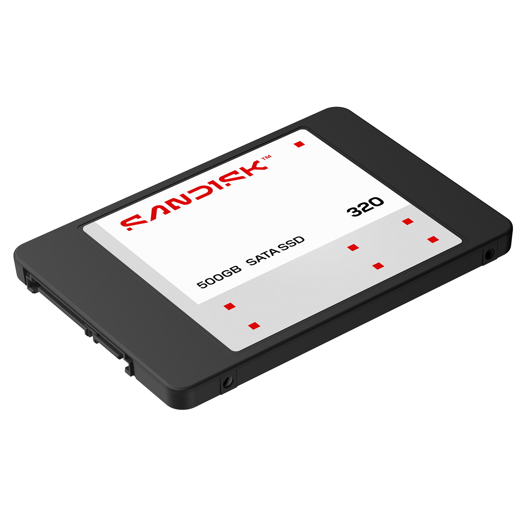 Schwarze SSD-Festplatte mit rotem Sandisk-Logo und 500GB SATA SSD-Aufschrift.