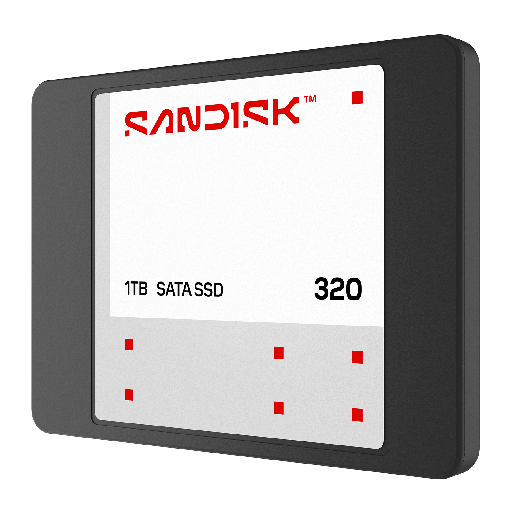 Sandisk 1TB SATA SSD 320 Festplatte mit rotem Logo und roten Quadraten.