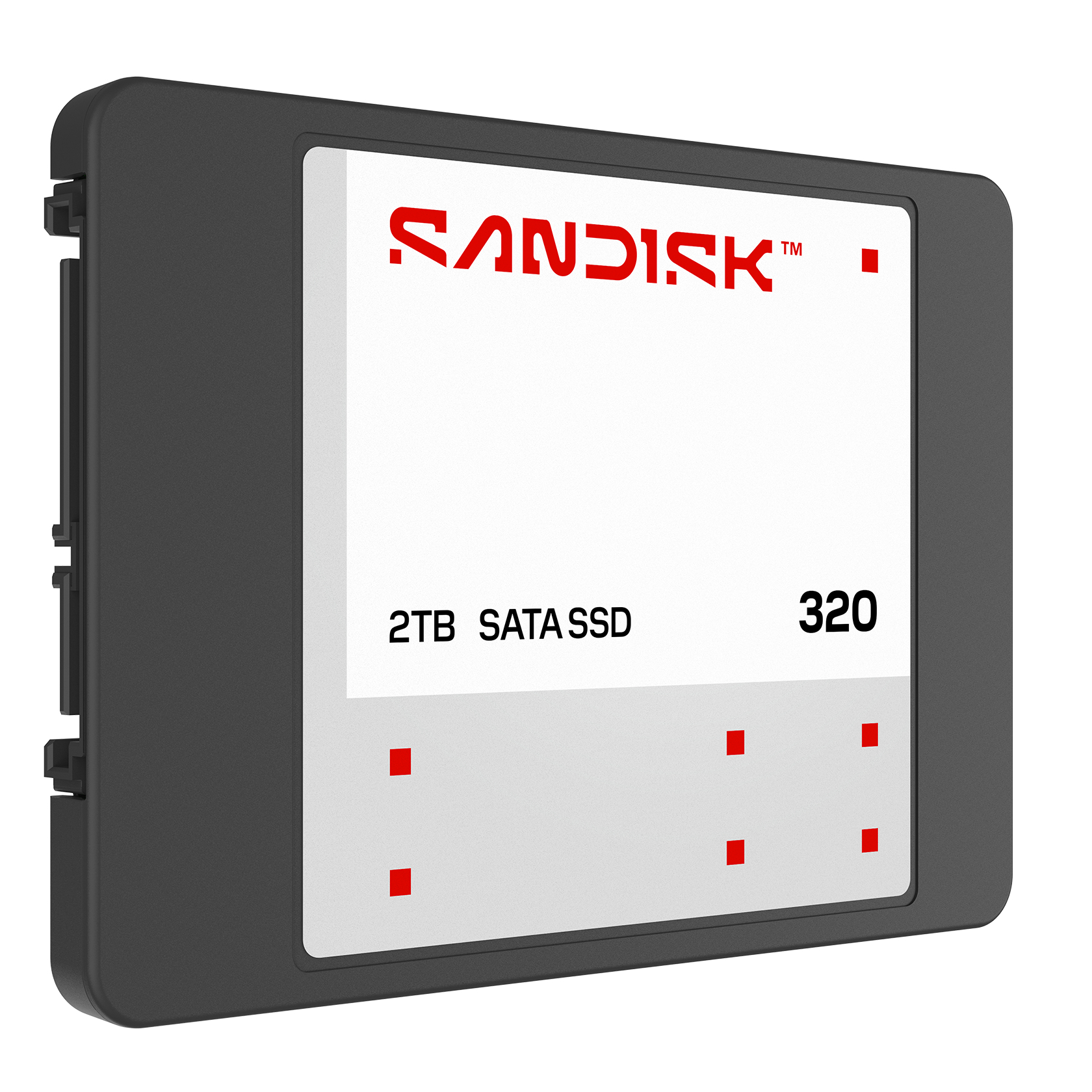 Eine graue 2TB SATA SSD mit rotem Sandisk-Logo und roten Quadraten.