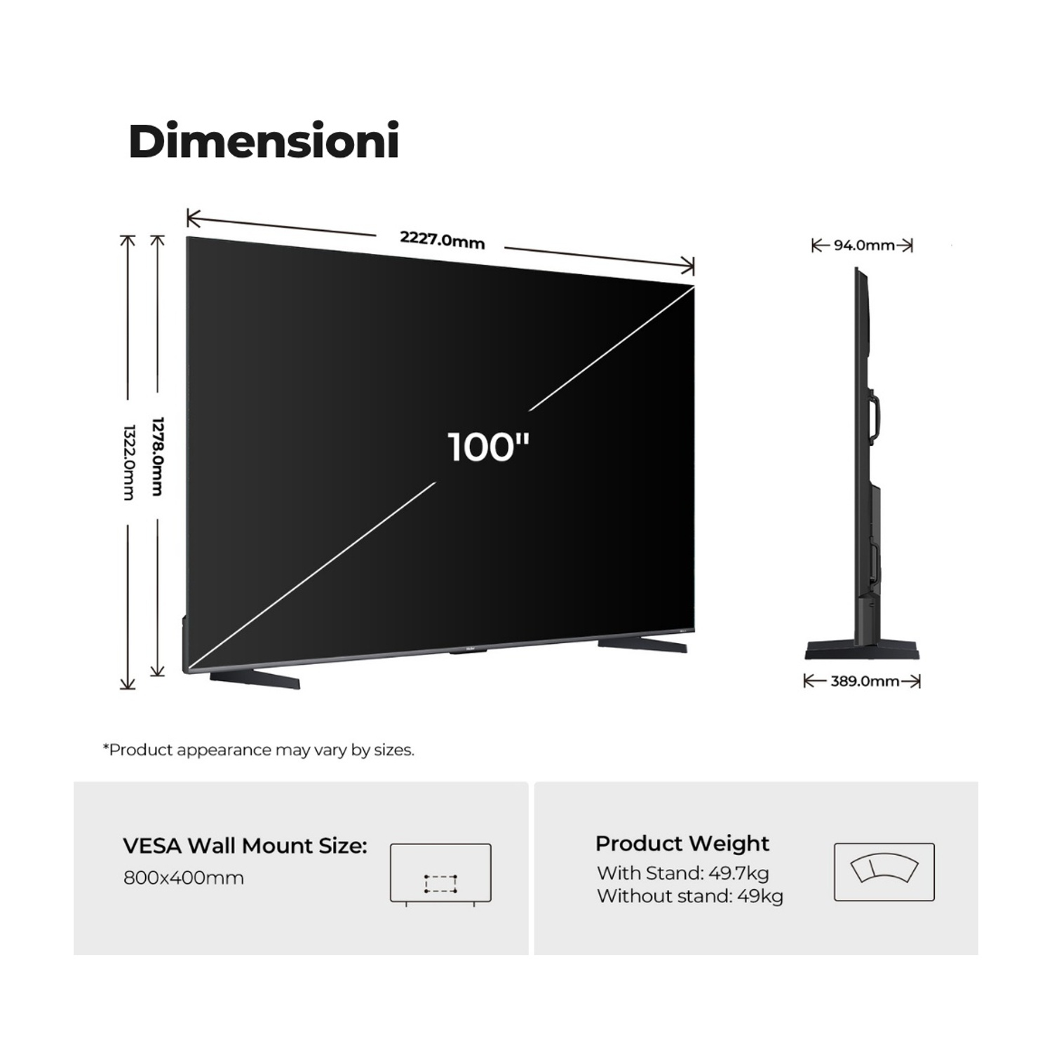 Dimensioni di un TV da 100": 2227 mm di larghezza, 1322 mm di altezza, 94 mm di profondità. VESA 800x400 mm.