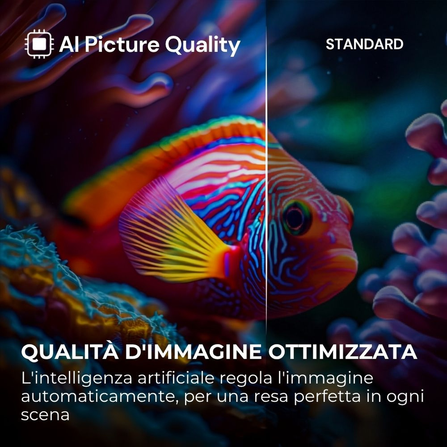 Qualità immagine AI vs. schermo standard, con un pesce in una barriera corallina.
