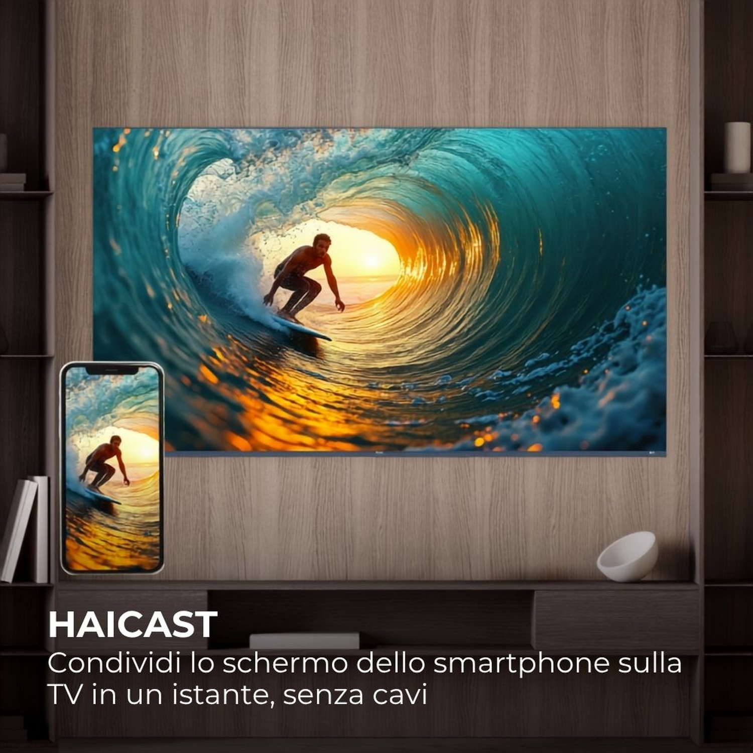 Uomo surfa un'onda visualizzata su telefono e TV.