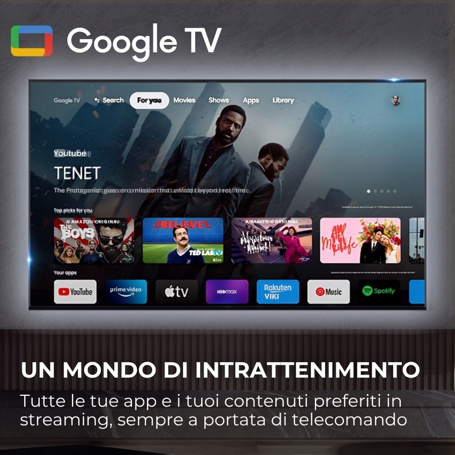 Schermata principale di Google TV con film e app. "Tenet" è visualizzato in primo piano.