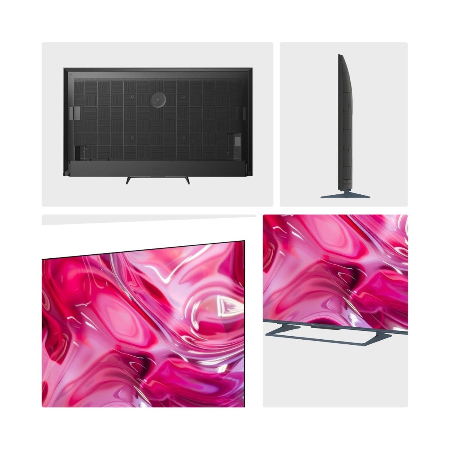 Un'elegante TV con un motivo astratto e fluido in rosa e bianco.