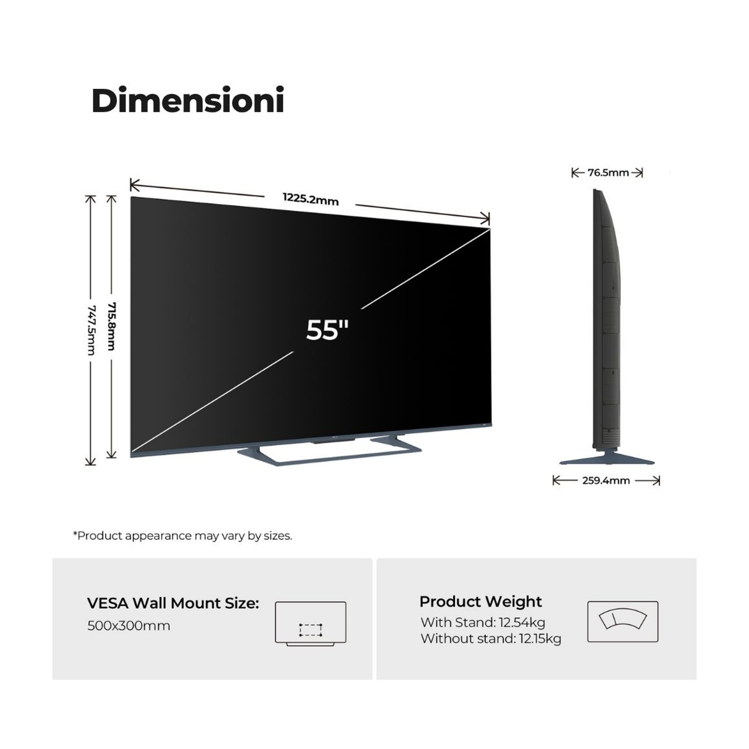 Dimensioni di una TV da 55 pollici con misure e peso.