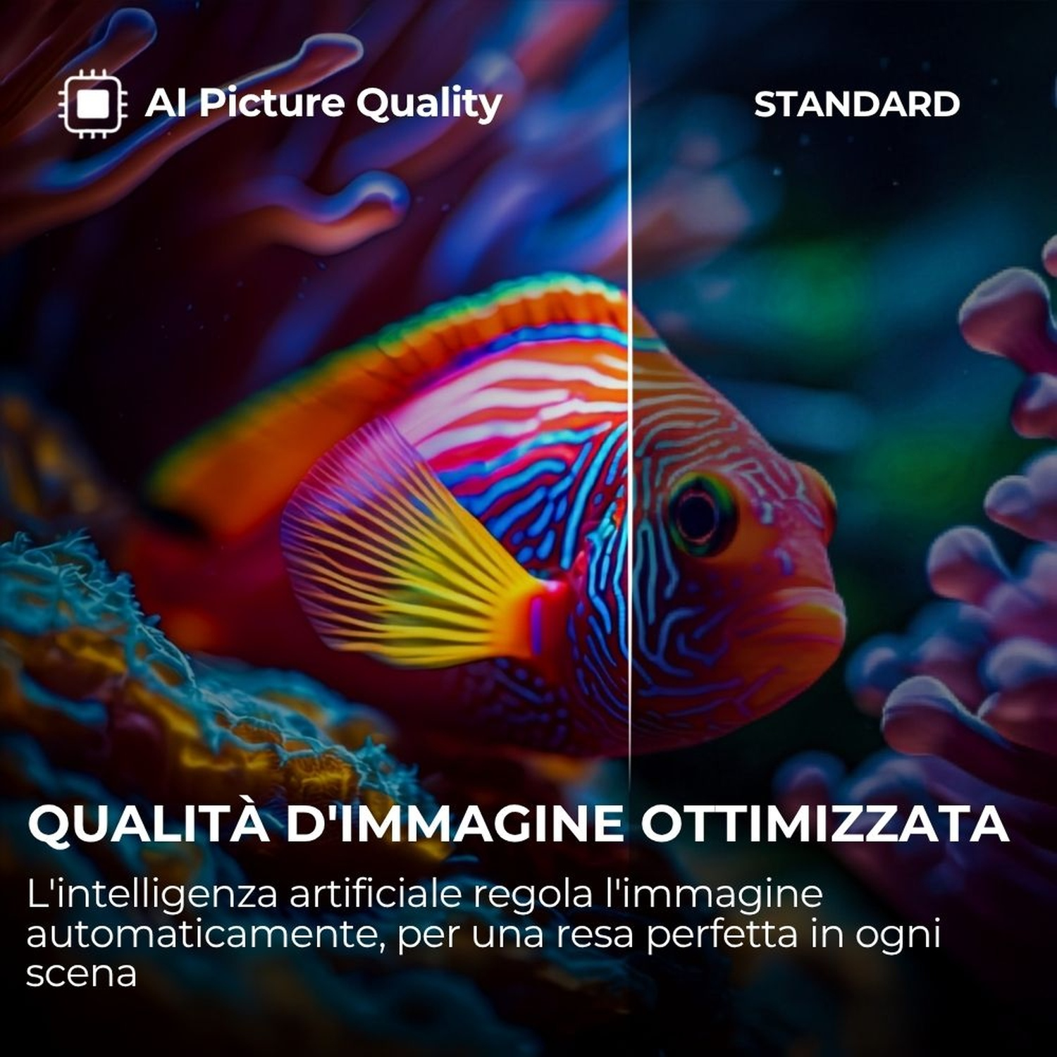 Confronto immagini pesce: qualità immagine AI vs. standard.