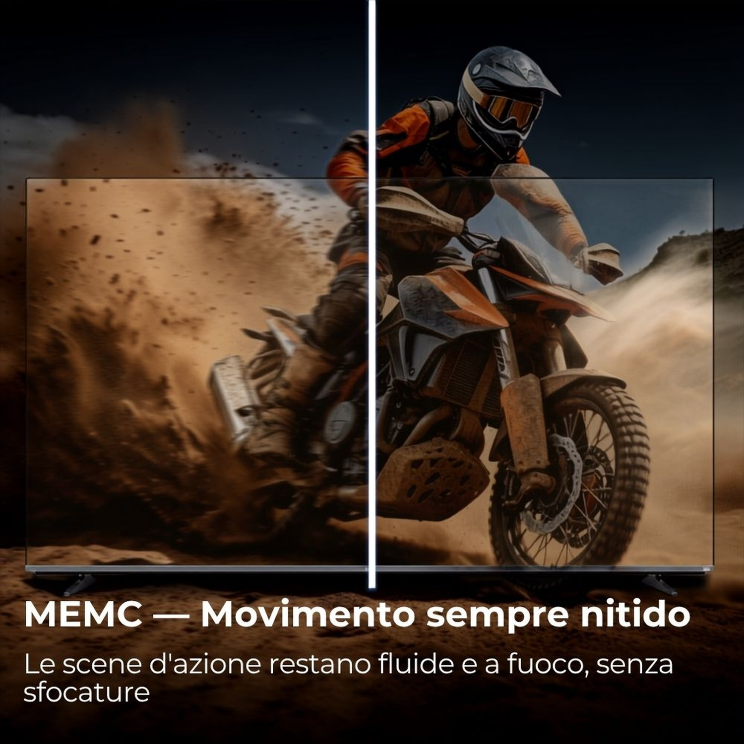 Motociclista corre sulla sabbia; sfocato a sinistra, nitido a destra.