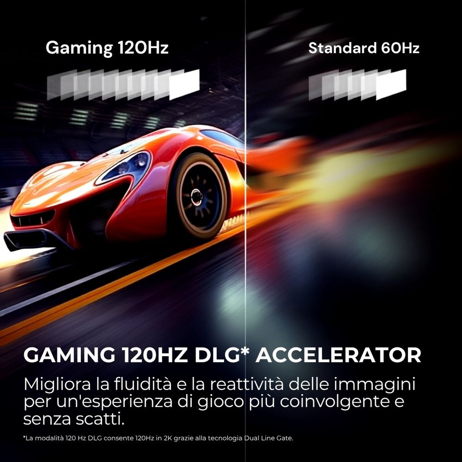Un'auto sportiva rossa corre su una pista, confrontando 120Hz e 60Hz.