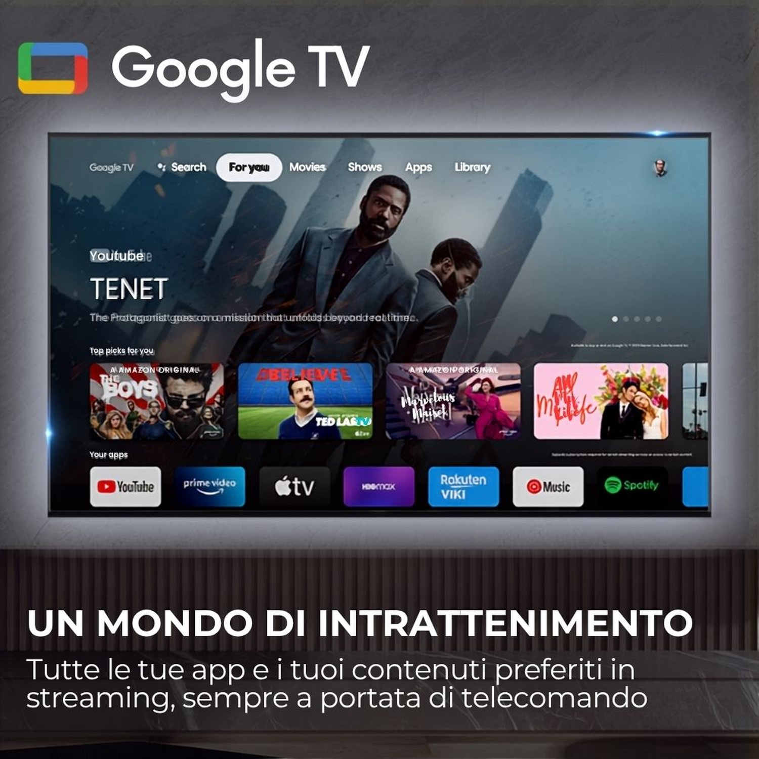 Schermata principale di Google TV con film e app. Logo Google TV in alto a sinistra.