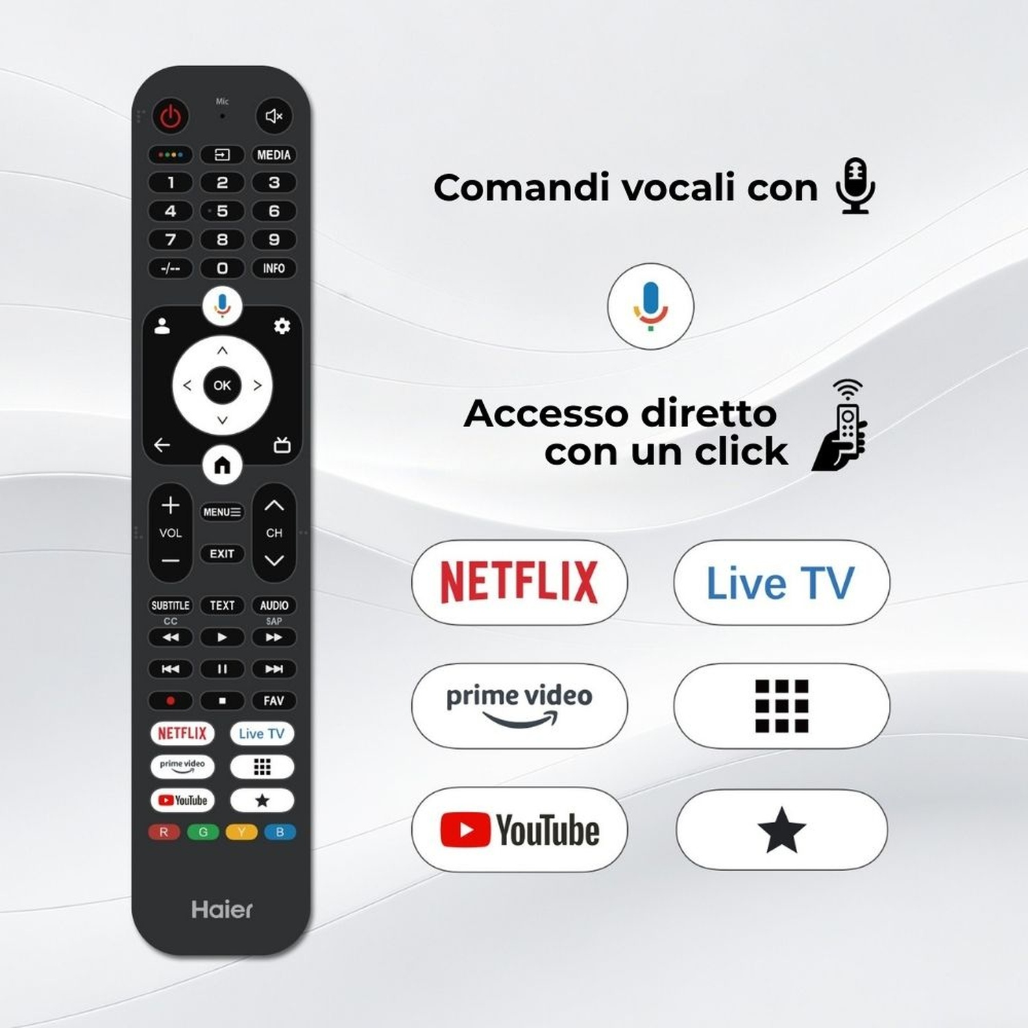 Un telecomando nero con pulsanti per Netflix, YouTube, Live TV e comandi vocali.