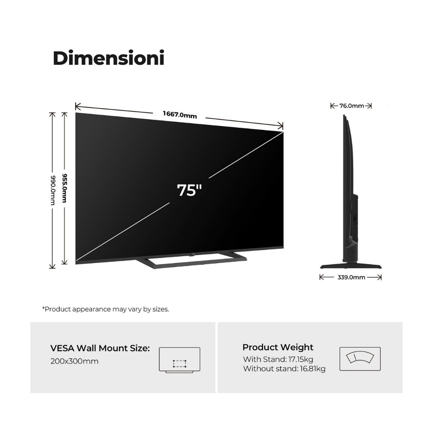 Dimensioni TV 75": 1667x955x76mm. VESA 200x300mm. Peso 17,15kg con supporto.