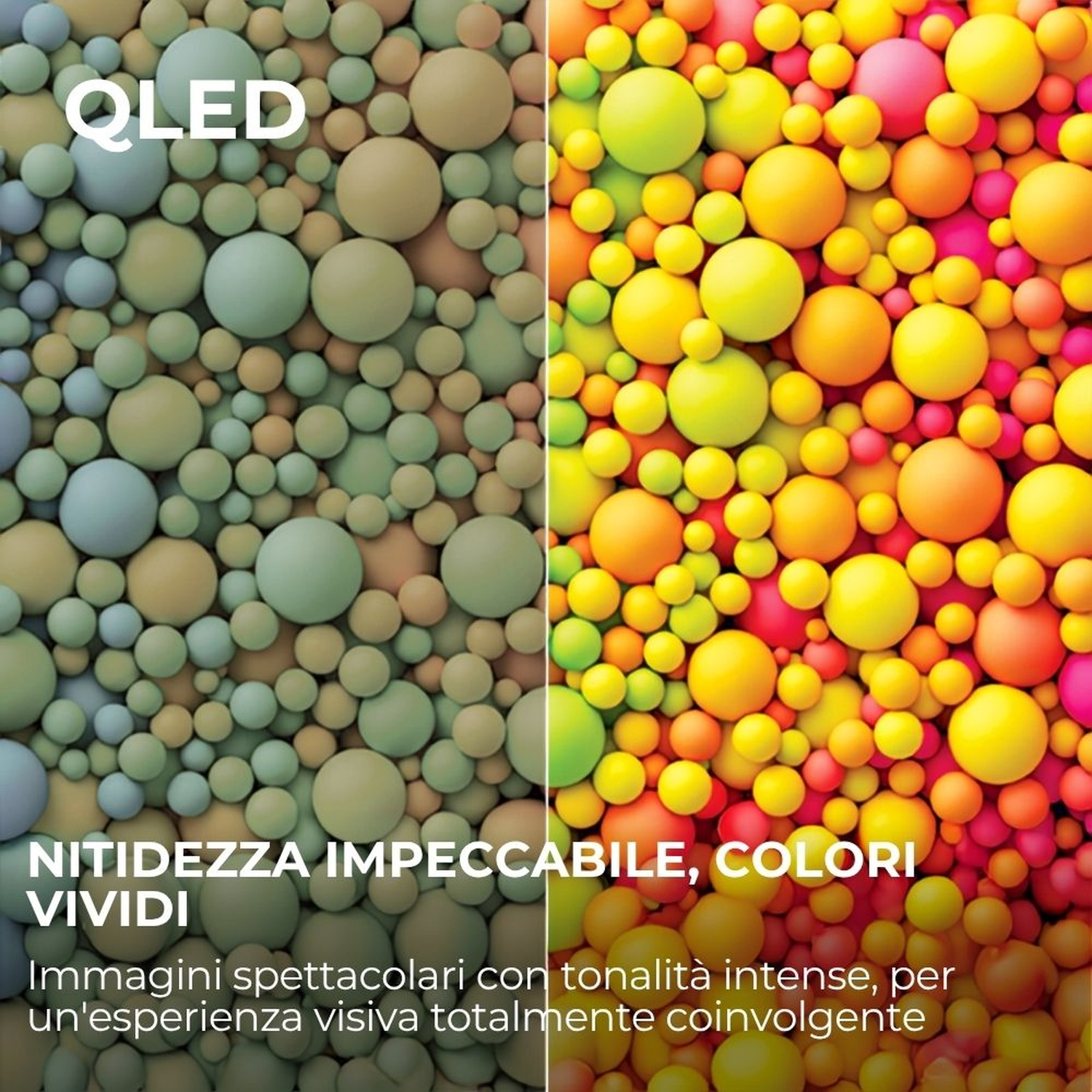 Logo QLED su sfere color pastello e calde.