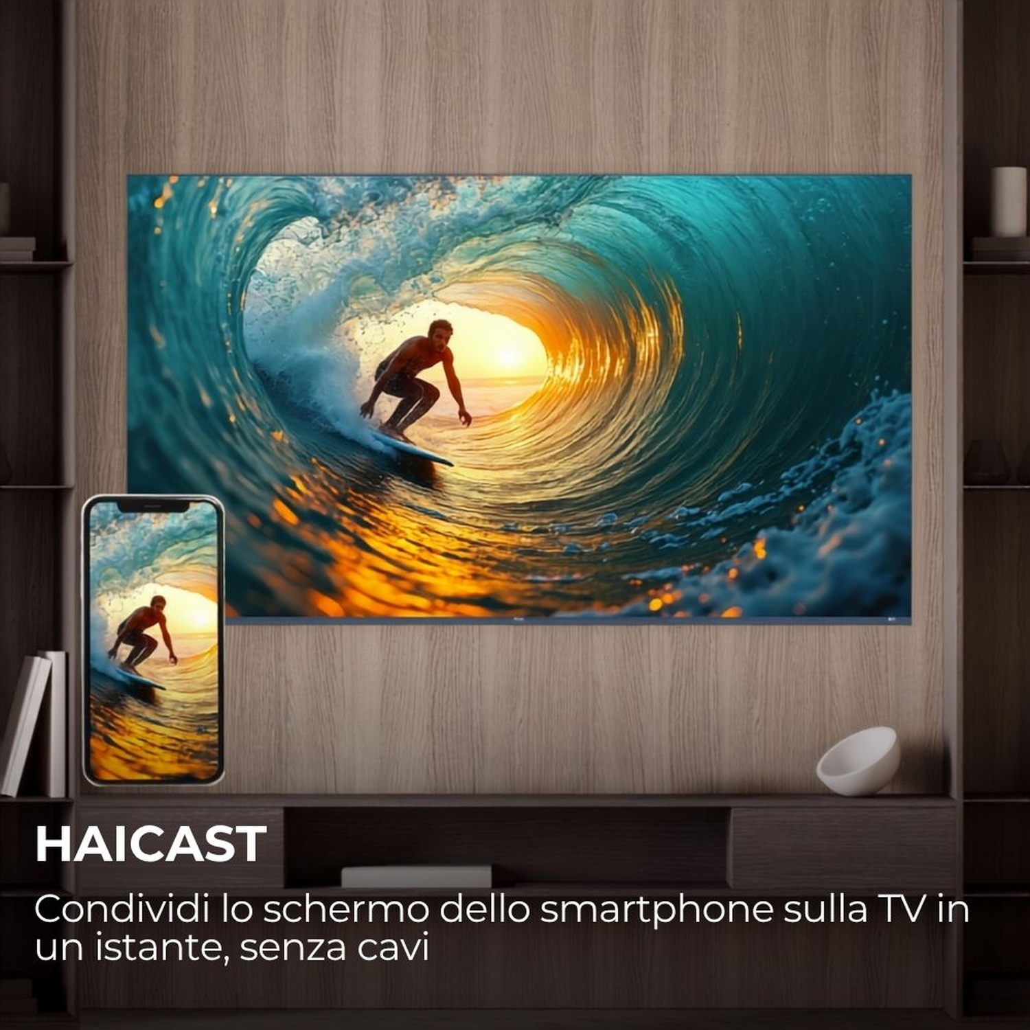 Un surfista cavalca un'onda, mostrata su un telefono e uno schermo TV.