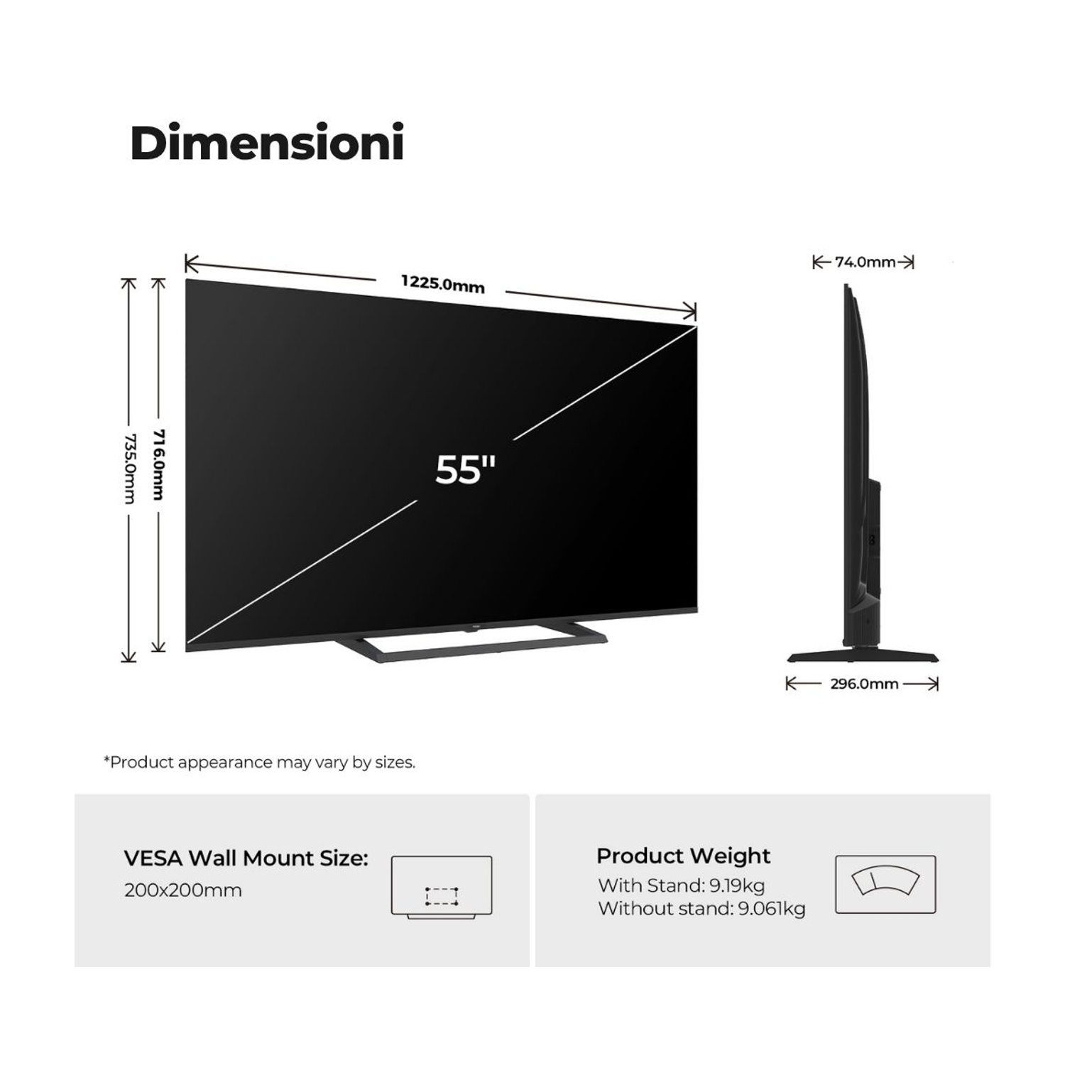 Un TV da 55 pollici con dimensioni: Larghezza 1225mm, Altezza 716mm, Profondità 74mm.