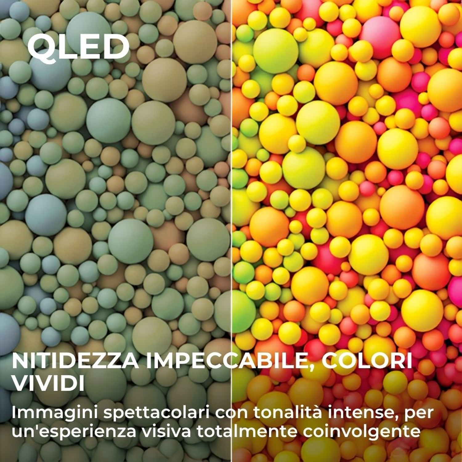 Schermo QLED con colori pastello a sinistra e colori vivaci a destra.