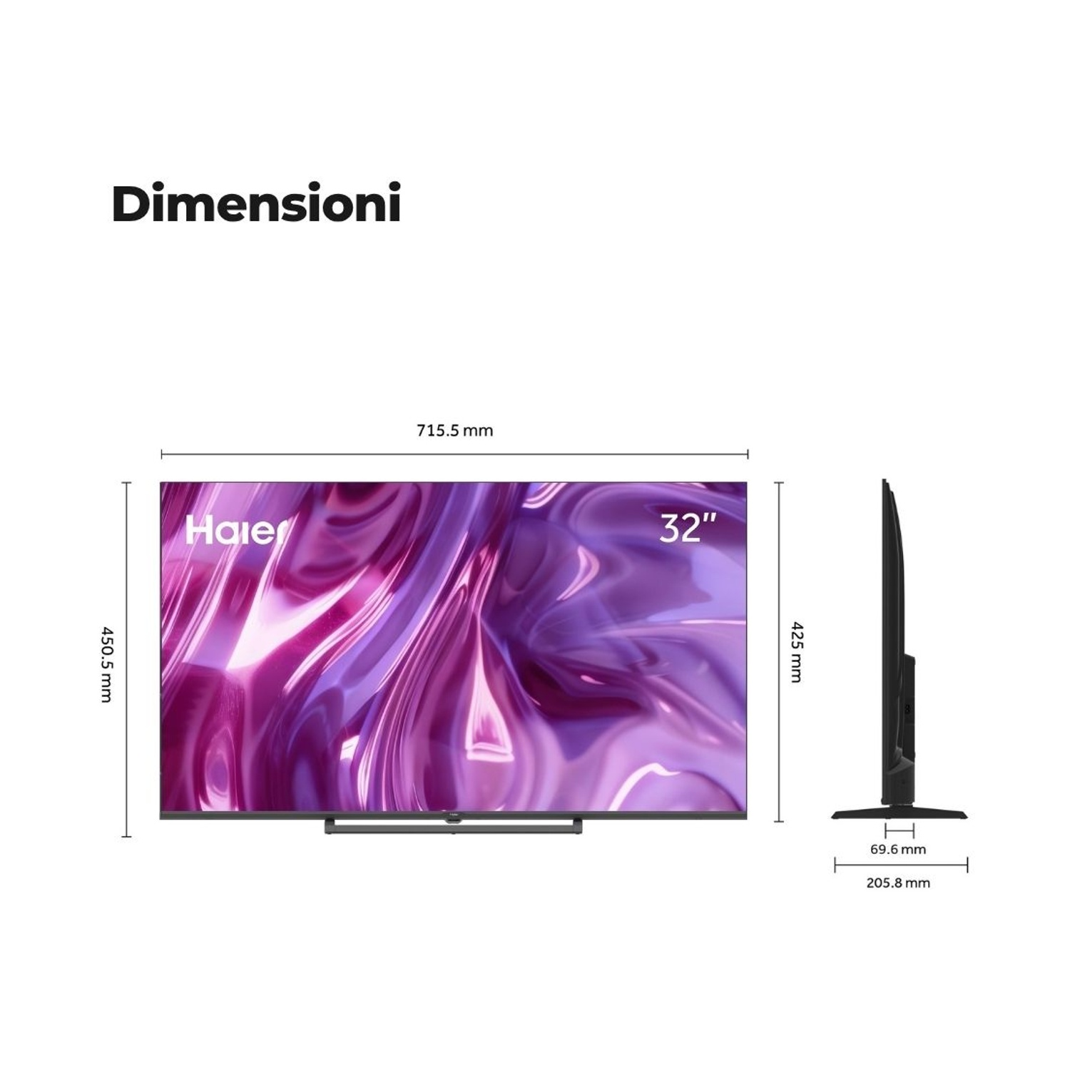 Una TV Haier da 32 pollici con dimensioni: 715,5 mm larghezza, 450,5 mm altezza.