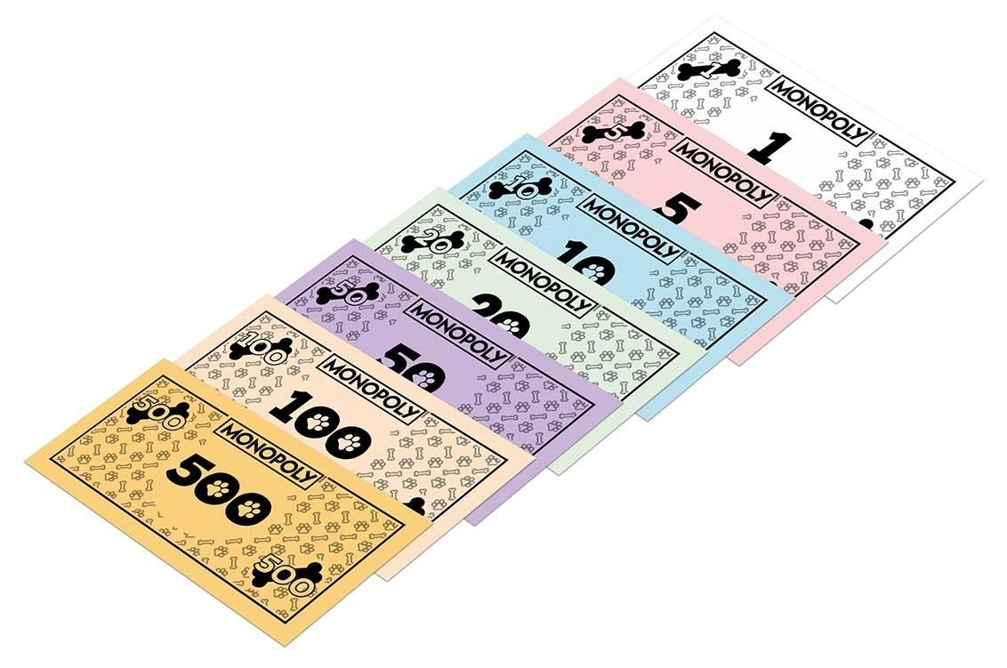 Banknoty Monopoly w różnych kolorach i nominałach ułożone jeden na drugim.