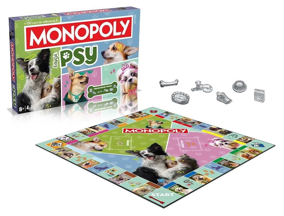 Gra planszowa Monopoly z motywem psów, planszą i akcesoriami na białym tle.