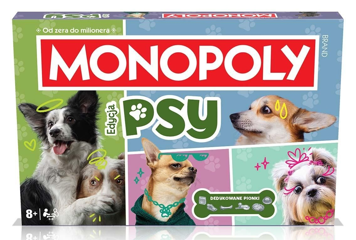 Pudełko gry Monopoly z czterema psami: Border Collie, Corgi, Chihuahua i Shih Tzu.