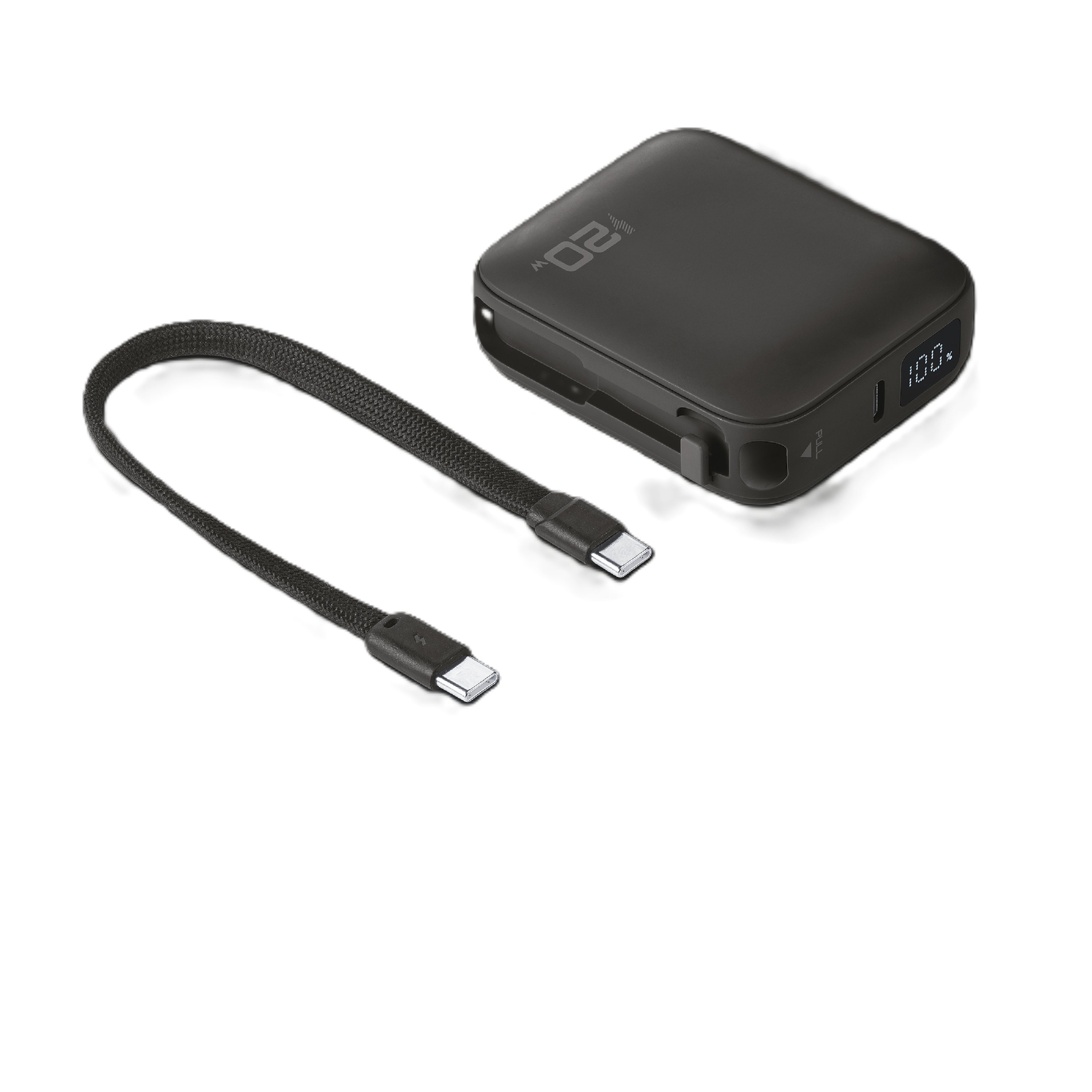 Un banco de energía gris oscuro con pantalla digital que muestra 100% y un cable USB-C trenzado.