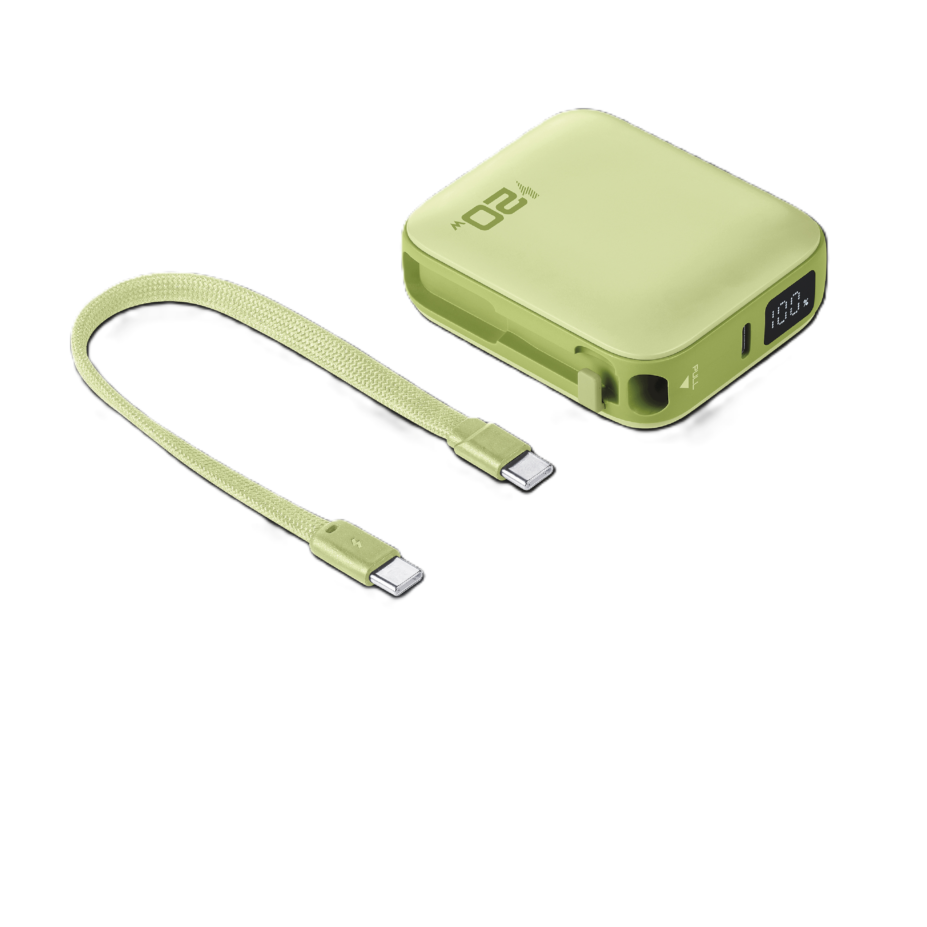 Una batería externa verde claro con un cable USB-C sobre fondo negro.