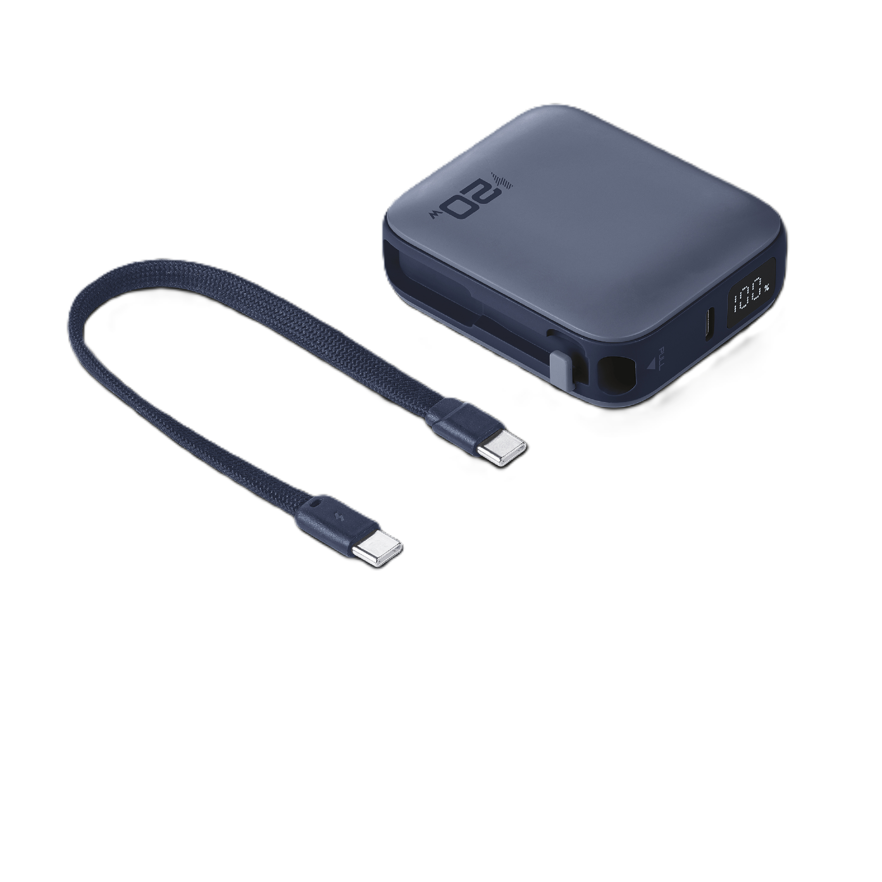 Una batería externa gris de 20W y un cable USB-C sobre fondo negro.