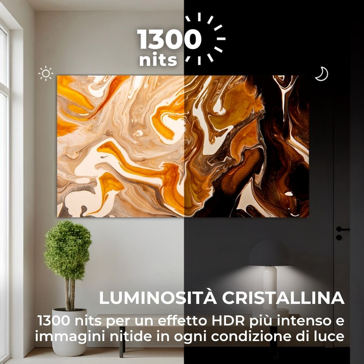 Quadro con motivo astratto sui toni dell'oro e del marrone, 1300 nits.