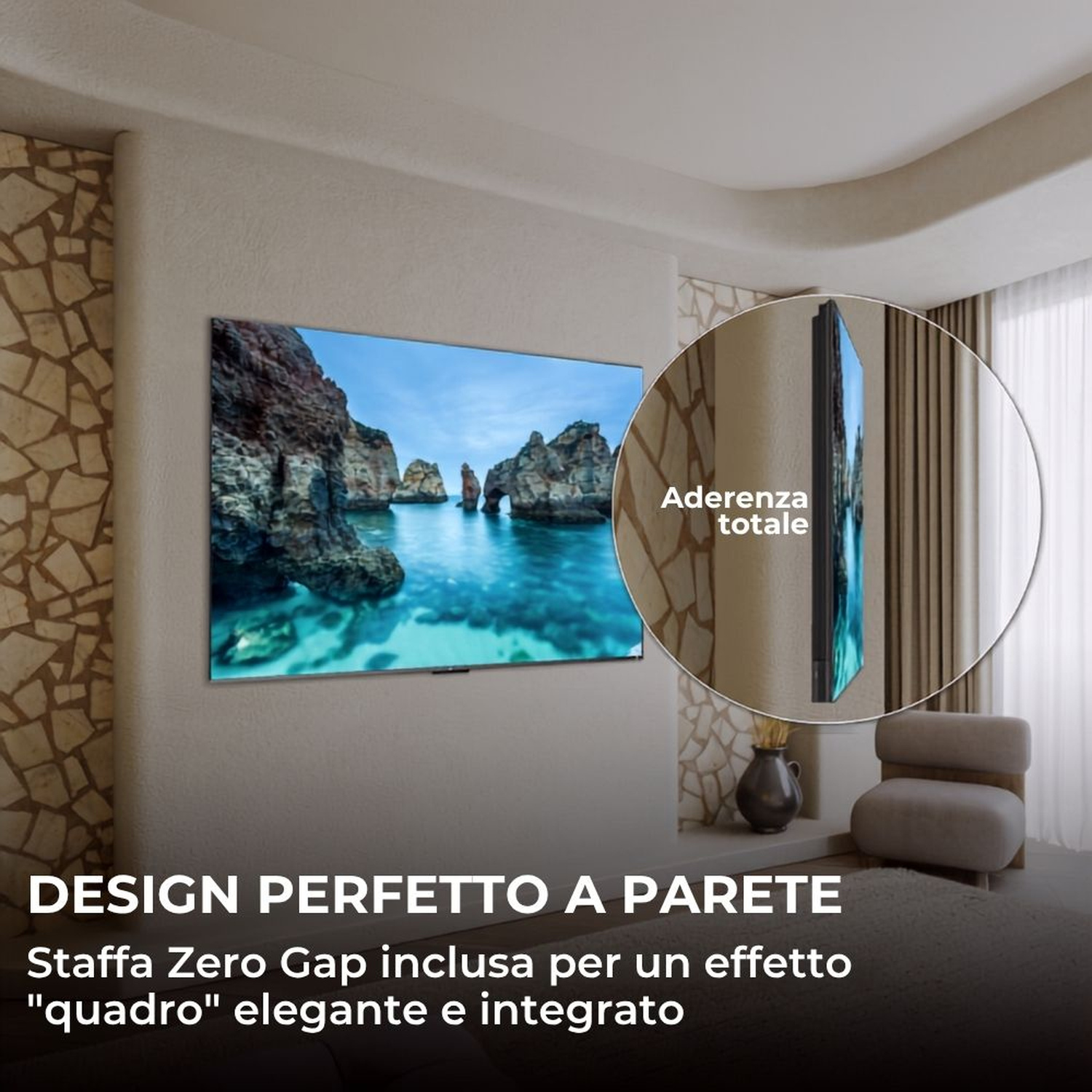 Un televisore con un paesaggio, montato a filo muro.