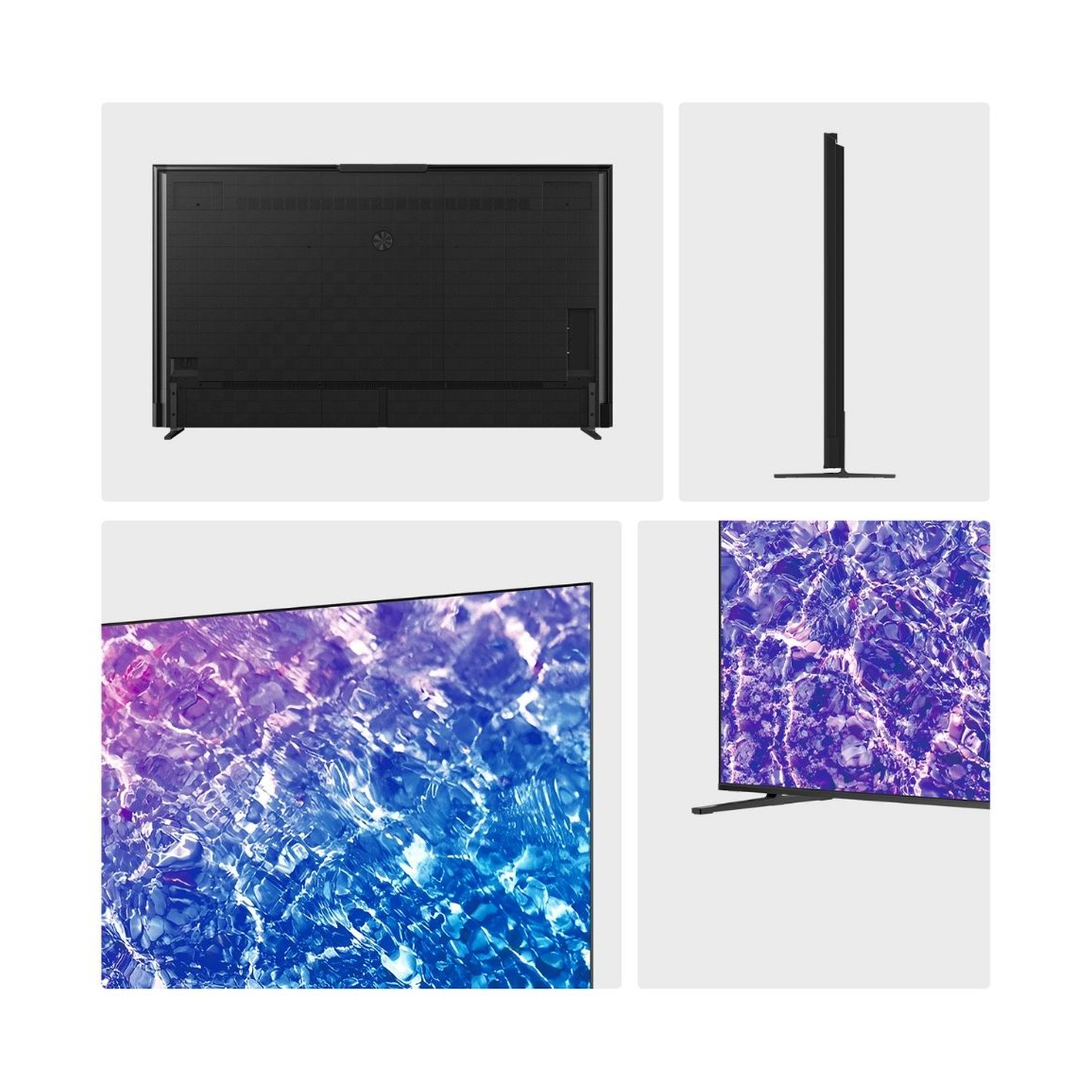 Una TV moderna nera vista frontalmente, lateralmente e con motivo d'acqua sullo schermo.