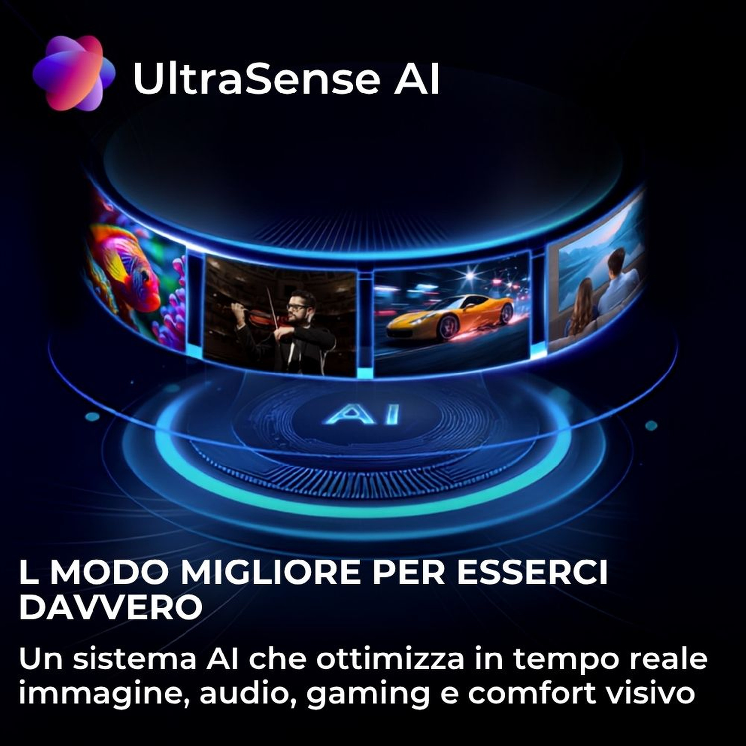 Logo UltraSense AI, uomo suona violino, auto e coppia su schermo.