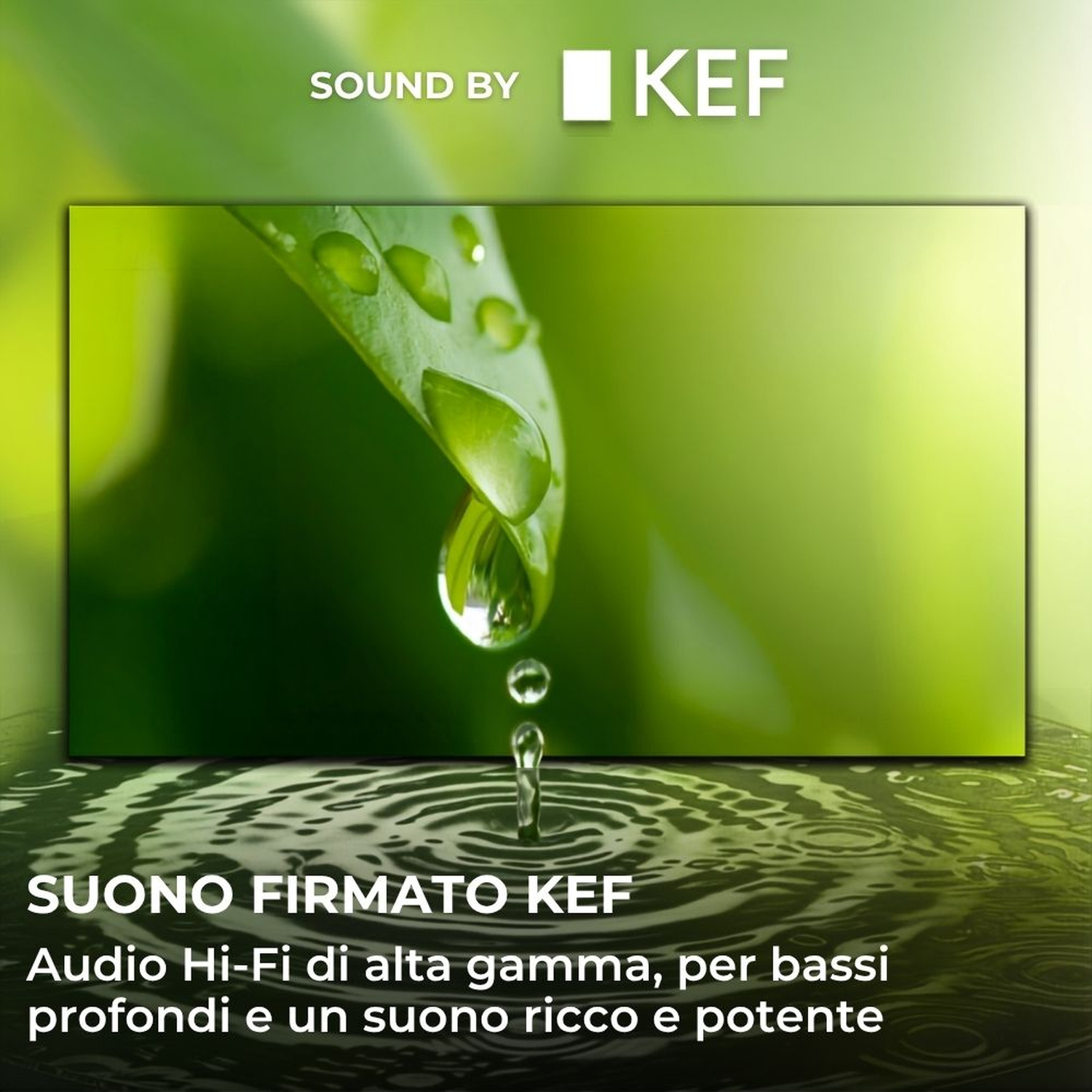 Una goccia d'acqua cade da una foglia verde nell'acqua. Logo KEF.