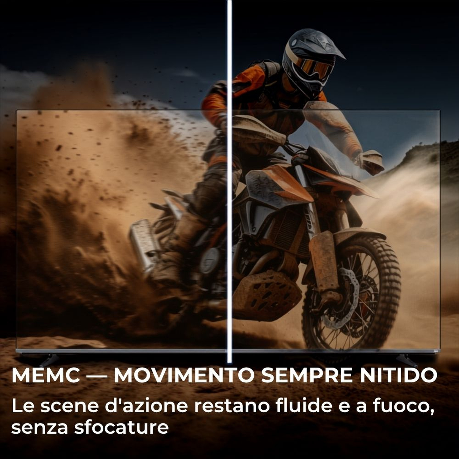 Un motociclista sfreccia nella polvere. Lato sinistro sfocato, lato destro nitido.