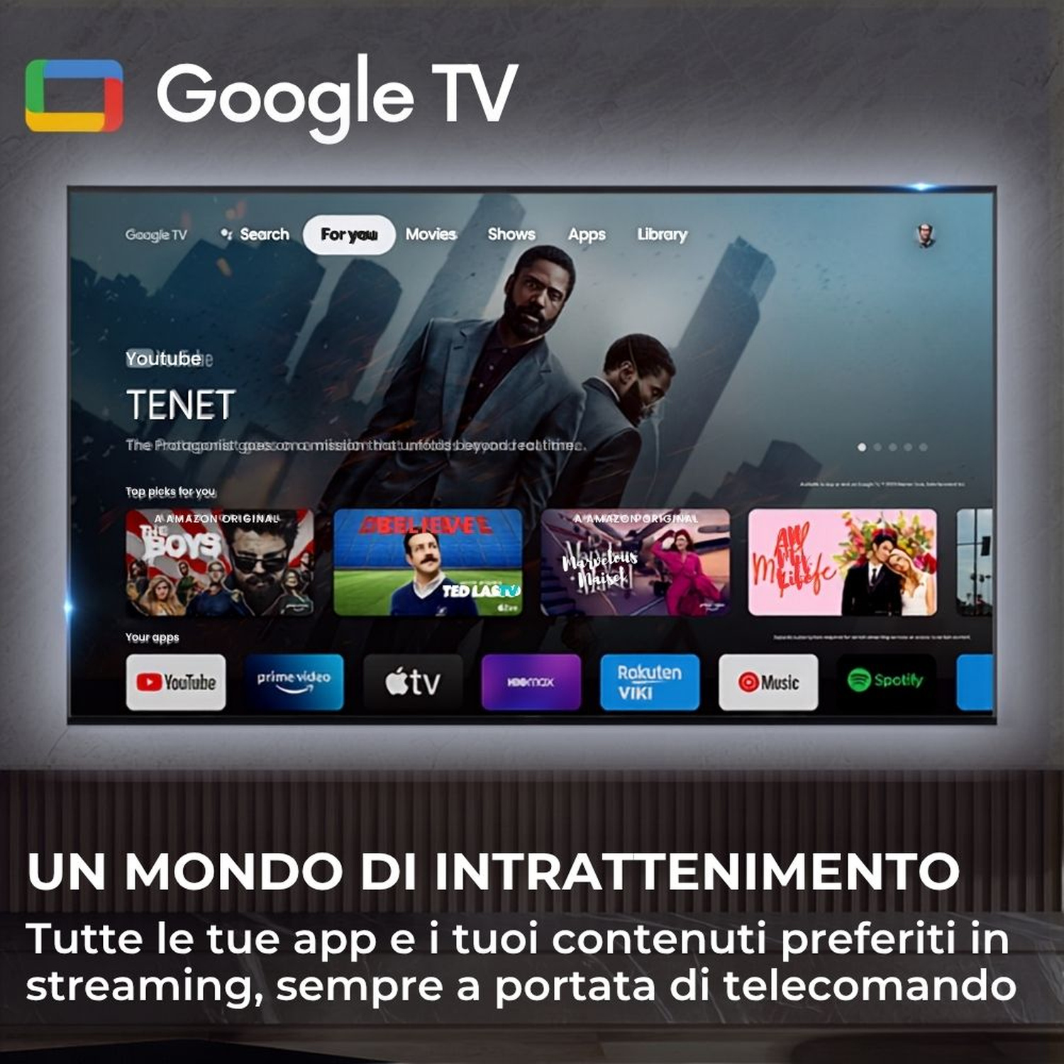 Schermata Home di Google TV con film, show e app come YouTube, Prime Video e Spotify.