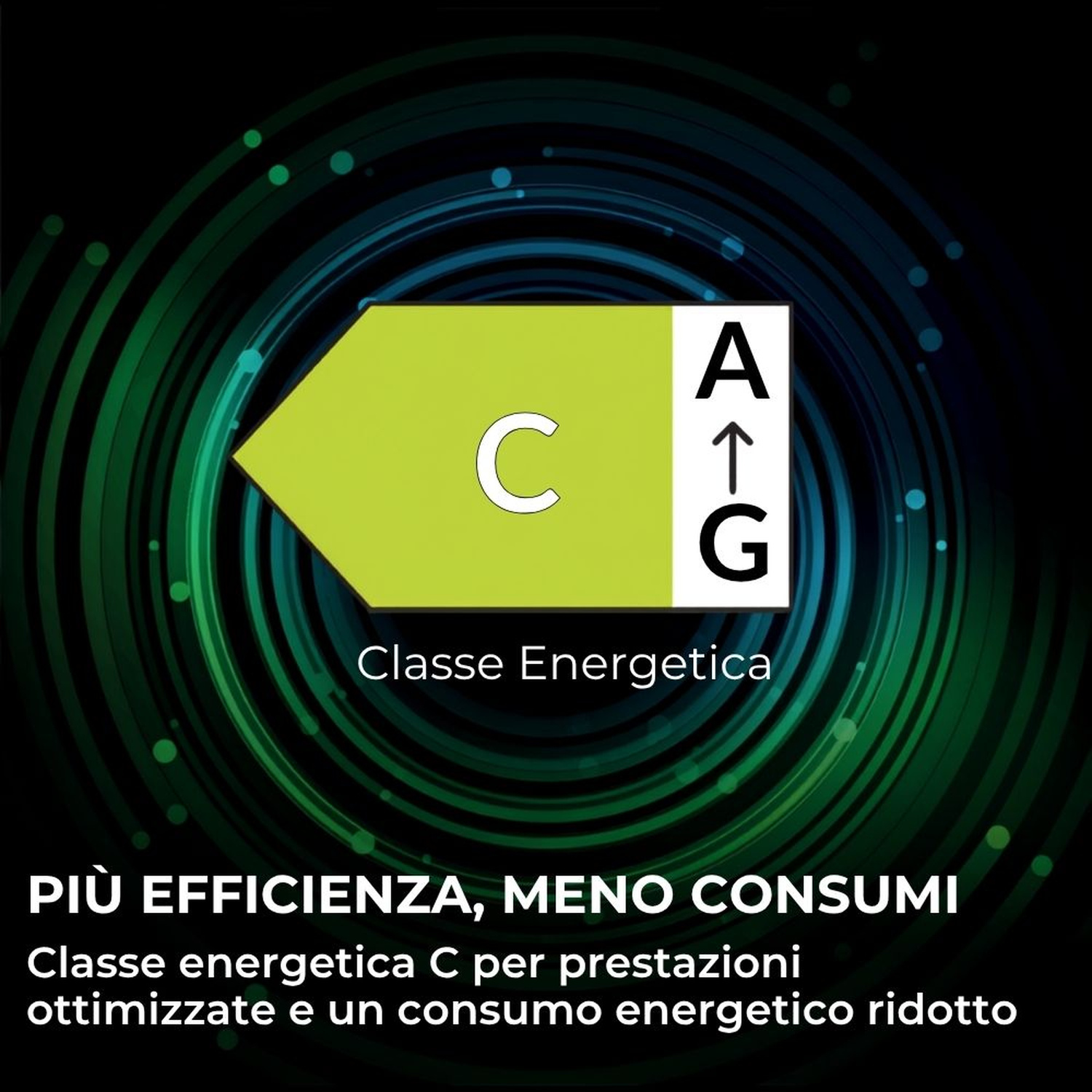 Etichetta classe energetica C con freccia da A a G. Più efficienza, meno consumi.