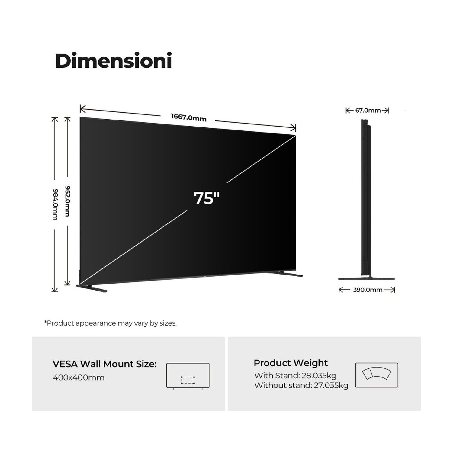 Dimensioni TV 75": 1667 mm larghezza, 952 mm altezza, 67 mm profondità. VESA 400x400 mm.
