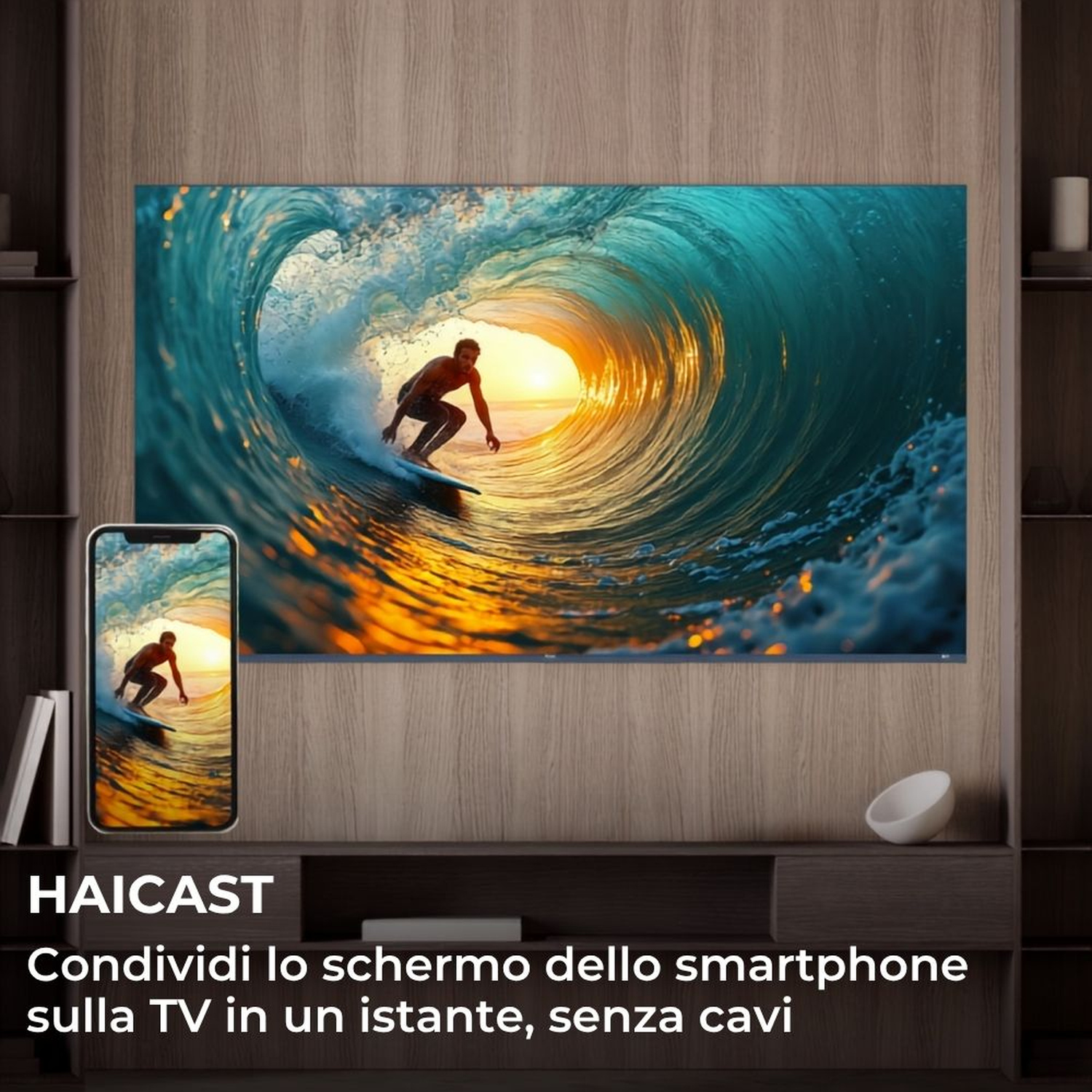 Un surfista su una tavola cavalca un'onda davanti a un tramonto sull'oceano.