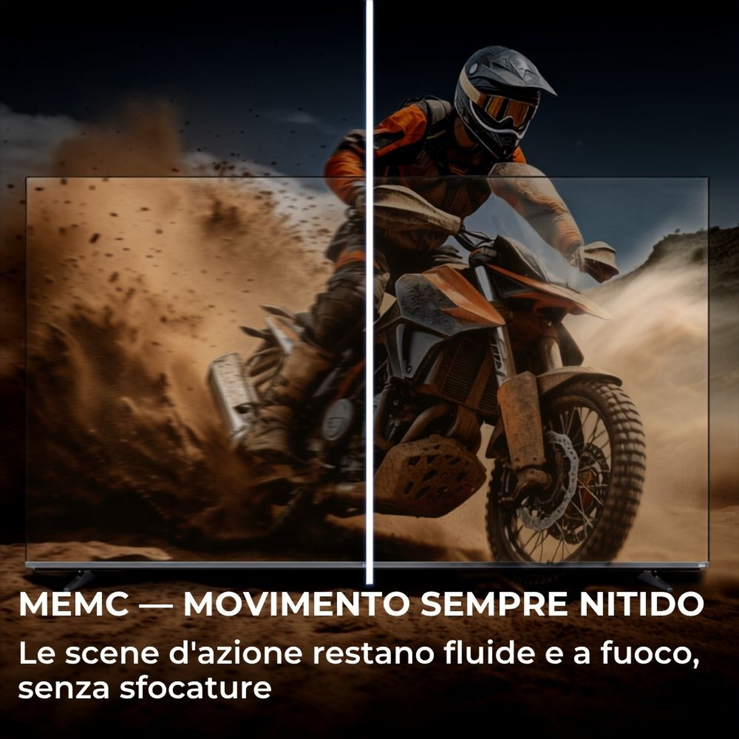 Un pilota di motocross solleva polvere. Il TV mostra una scena d'azione nitida.