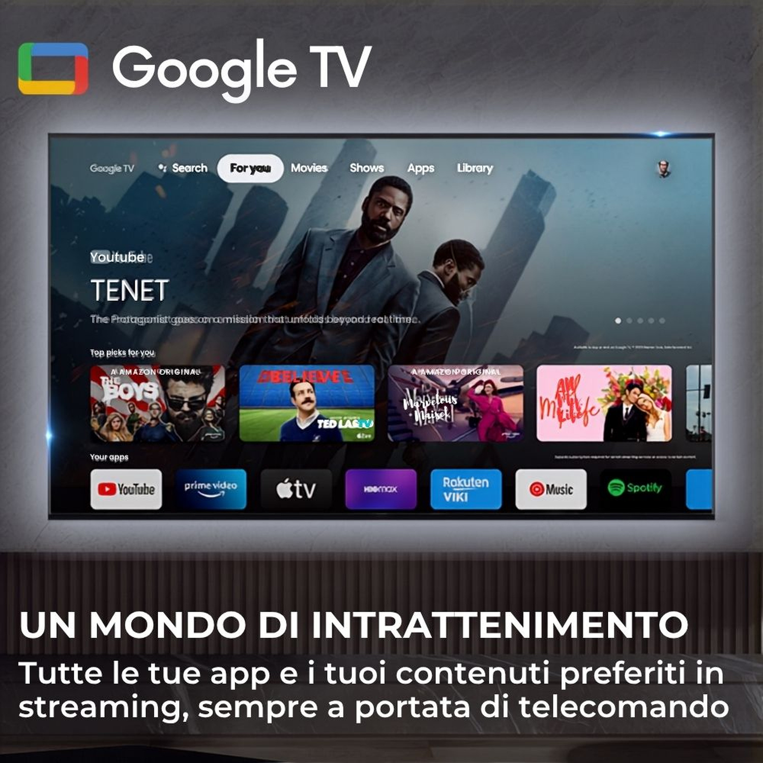Schermata principale di Google TV con film e app come YouTube e Spotify.