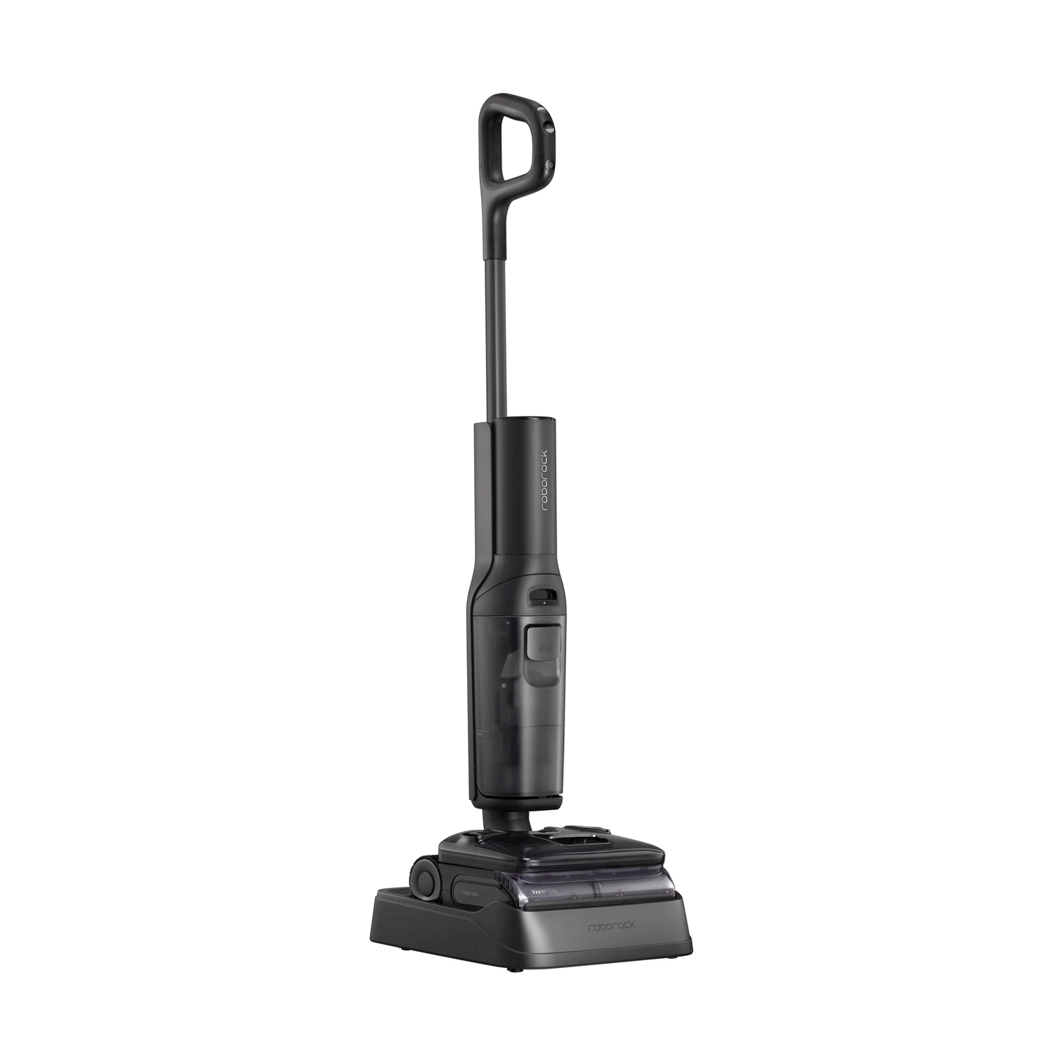 Un aspirapolvere verticale nero bagnato/asciutto con manico e base.