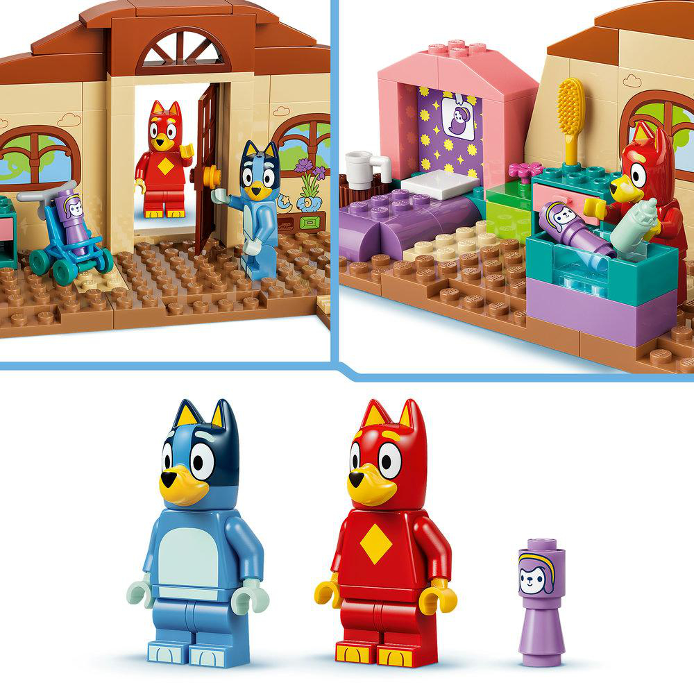 Lego-Figuren: Blauer Hund, roter Hund und ein Baby in Lila.