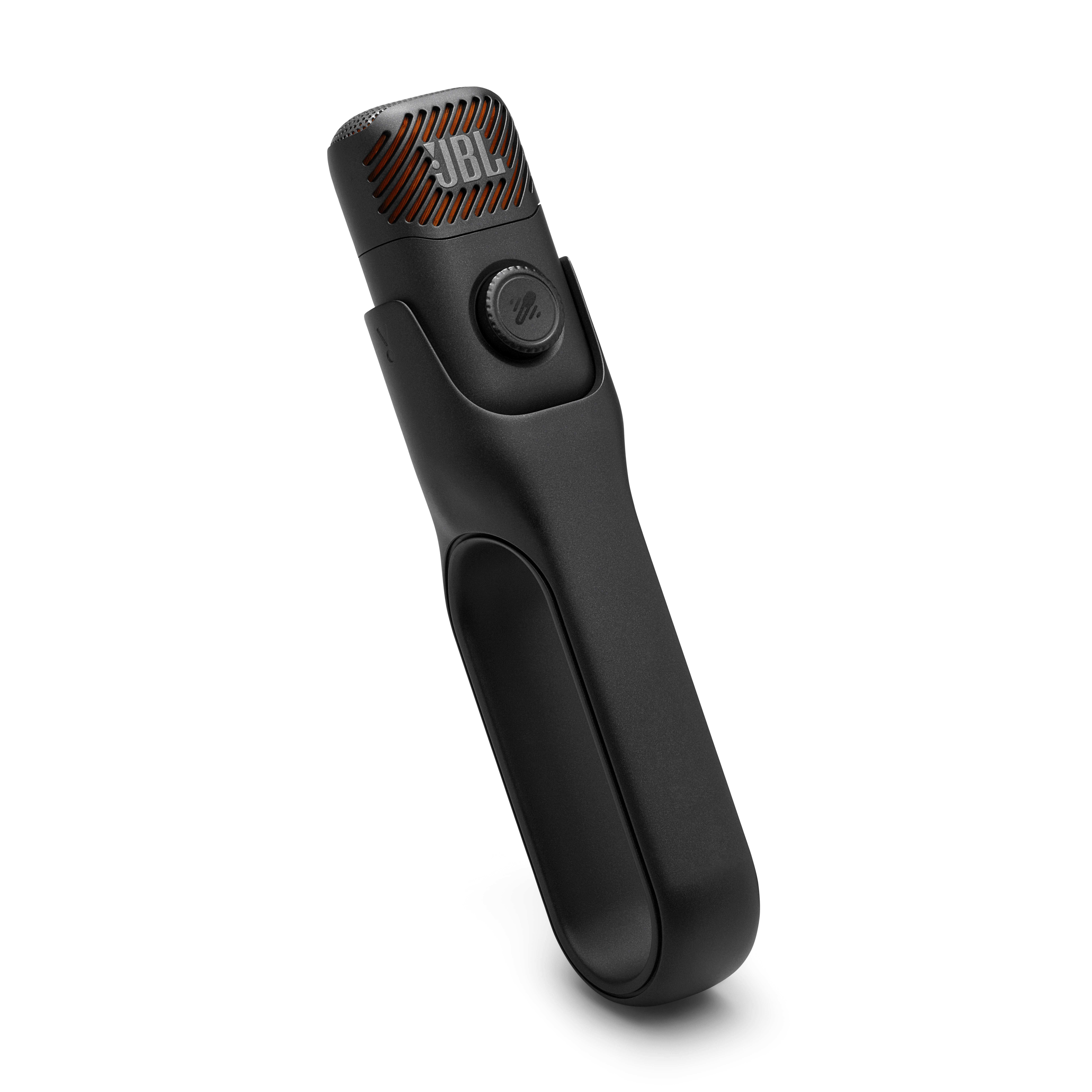 Schwarzes JBL Mikrofon mit orangefarbenen Akzenten und Griff.