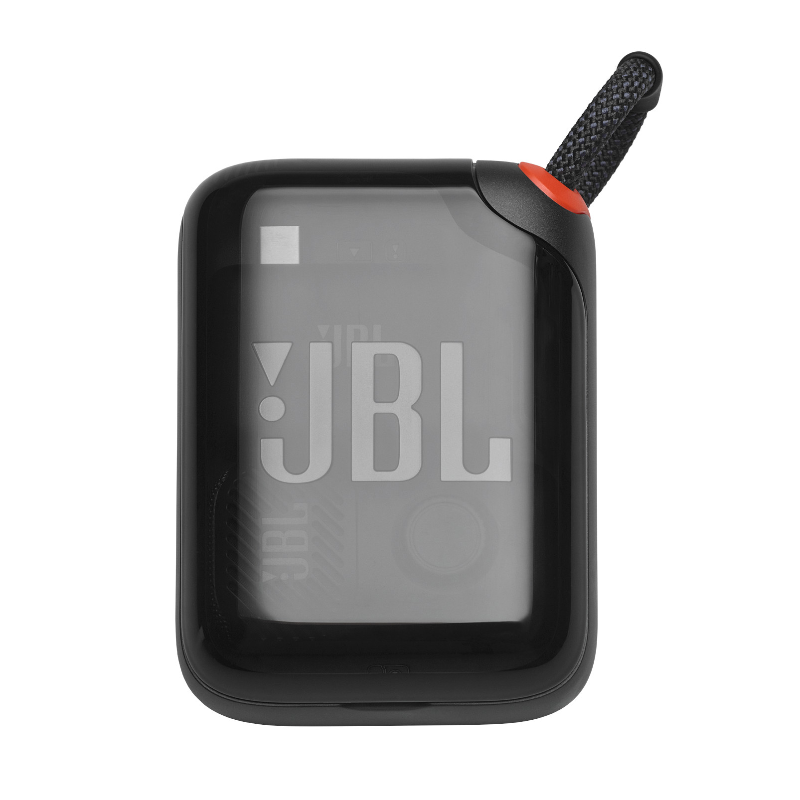 Schwarzer JBL Lautsprecher mit rotem Akzent und Trageschlaufe.