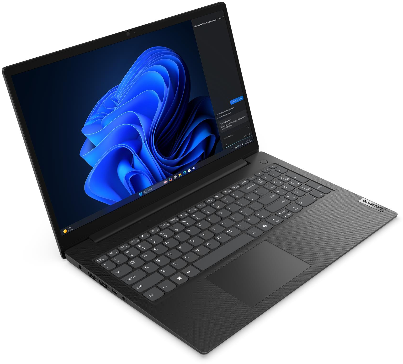 Egy fekete laptop kék háttérképpel és billentyűzettel.