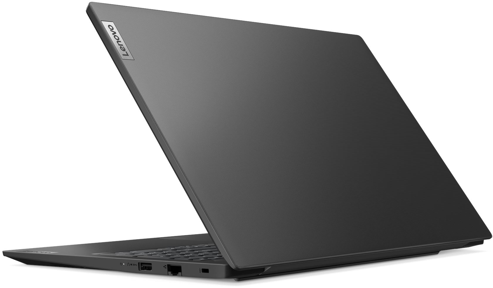 Szürke Lenovo laptop bordázott fedéllel, fehér háttér előtt.